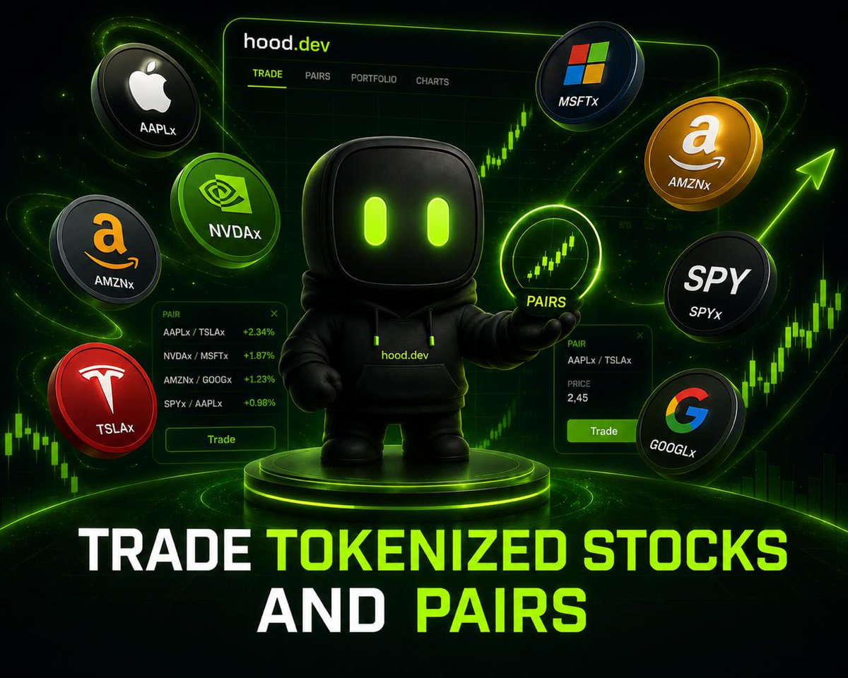 hood_devs's tweet photo. Tokenized stocks just landed in the hood

Trade all V3 &amp; V4 stock-backed tokens and pairs directly from our terminal.

One terminal. Every opportunity. https://t.co/ysEqa4hmim