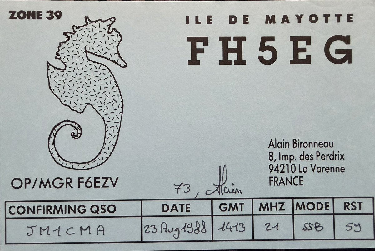 JM1CMA's tweet photo. 初 MAYOTTE ISLANDはこれ  
1988年 のQSO  
#初QSO https://t.co/PwS9ZTkBIj