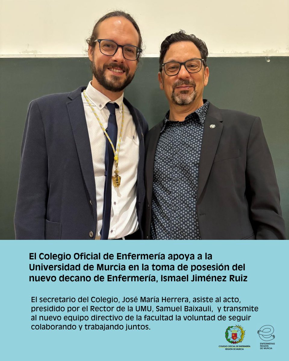 coemur's tweet photo. El Colegio Oficial de Enfermería acompaña a la Universidad de Murcia en la toma de posesión del nuevo decano de Enfermería, Ismael Jiménez. Le deseamos mucho éxito en esta nueva etapa, con el compromiso compartido de seguir fortaleciendo la profesión enfermera @UMU @umuenfermeria https://t.co/WWoH2T73NO