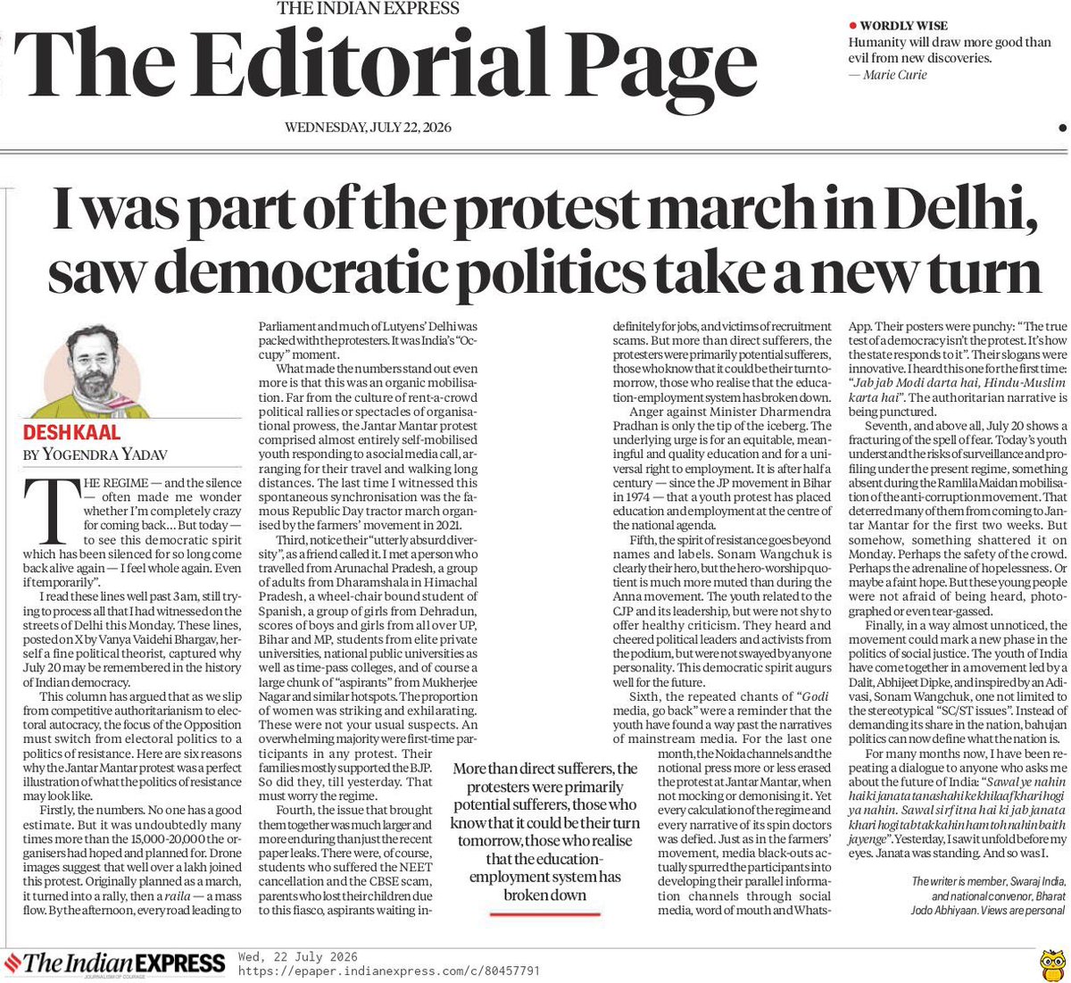 _YogendraYadav's tweet photo. When the spell of fear fractures, the politics of resistance begins. Jantar Mantar wasn’t just a protest—it was India’s youth reclaiming the national agenda.

Sawal ye nahin ki janata khari hogi ya nahin, sawal sirif itna hai ki jab janata khari hogi tab tak kahin ham toh nahin baith jayenge.

Janata was standing. And so was I.
Read: https://t.co/UCKChMlgkD