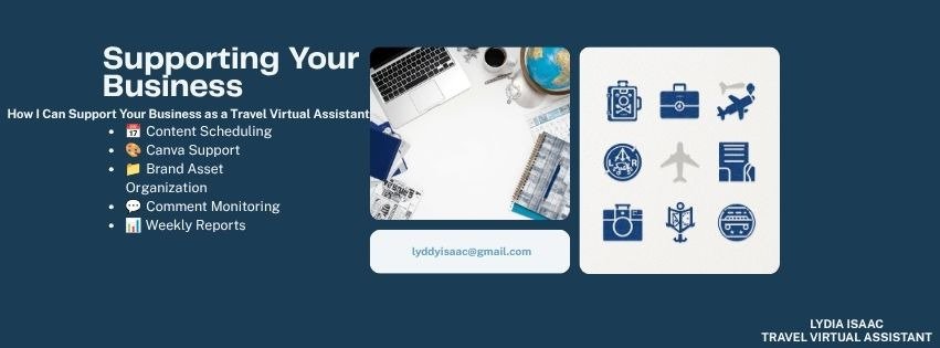 IsaacLyddy's tweet photo. Running a business is hard enough without juggling every social media task yourself.

As a #TravelVirtualAssistant, I can help with content scheduling, Canva support, brand organization, comment monitoring, and weekly reports.

DM me or comment MANAGE.

#HireAVA https://t.co/X6UpBN5T41