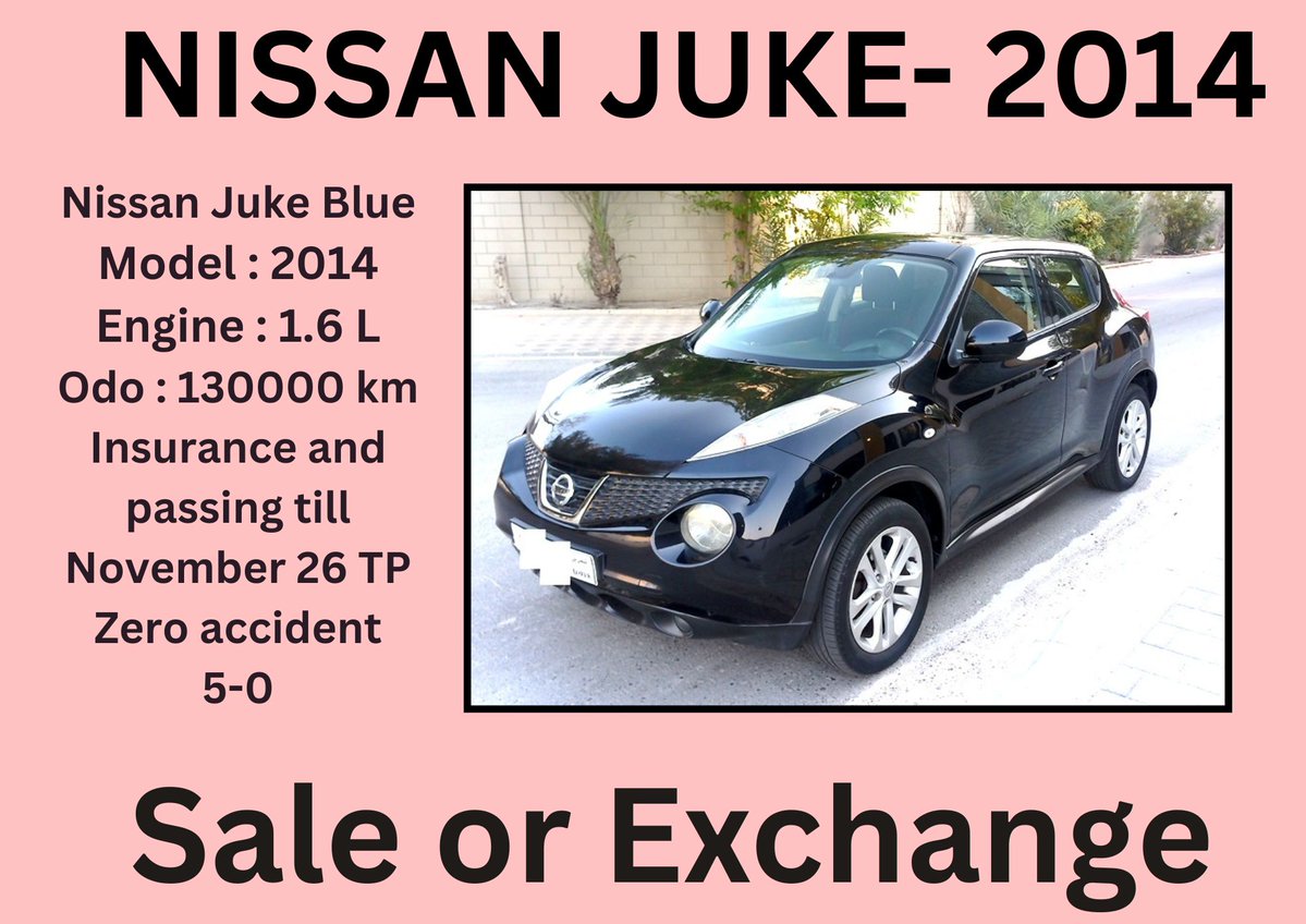 aldanacars's tweet photo. Nissan Juke Blue

Model : 2014

Engine : 1.6 L

Odo : 130000 km

Insurance and passing till November 26 TP

Zero accident 5-0

CALL/WHATSAPP

17100074 UMMALHASSAM

38746142

37378658

33076423

34694447

33744573

17009617 ZENJ

https://t.co/QPUh2zI8gR https://t.co/66WkEetzlI