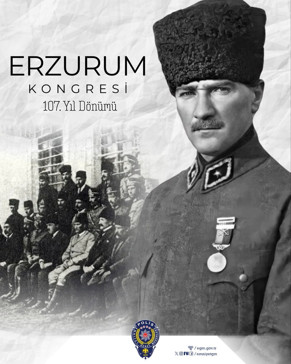 EmniyetGM's tweet photo. “Millî sınırlar içinde vatan bir bütündür, parçalanamaz.” ilkesiyle İstiklal mücadelemizin yol haritasının çizildiği Erzurum Kongresi’nin 107. yıl dönümü kutlu olsun. 

Başta Gazi Mustafa Kemal Atatürk olmak üzere, tüm kahramanlarımızı rahmet, minnet ve saygıyla yâd ediyoruz. 🇹🇷 https://t.co/wfzwFGjR62