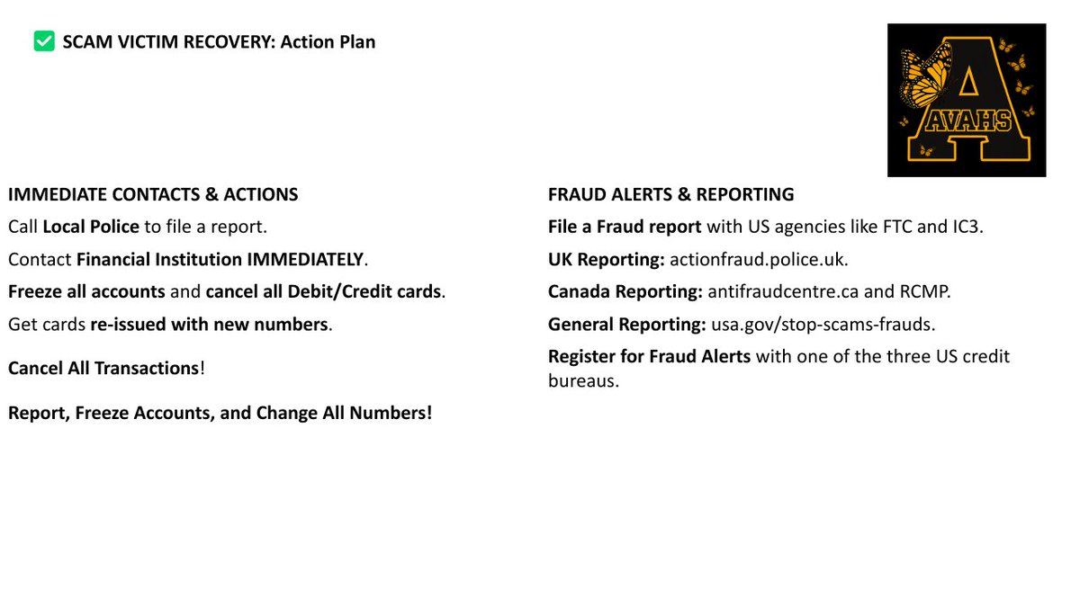 TheUSMCRocks's tweet photo. If You’re a Victim
    • Document everything: Screenshots of ads, websites, chats, transaction hashes/IDs, wallet addresses, and all communications.
    • Block the scammer and any related accounts immediately.
    • File a police report and submit a detailed IC3 report at https://t.co/JOBOOHSkiQ (include all transaction details and wallet addresses).
    • Contact your bank immediately if fiat currency was used. For cryptocurrency: act fast — recovery is rare but possible if funds are traced before they are moved or cashed out. Immediately report all wallet addresses and transaction IDs to IC3 at https://t.co/JOBOOHSkiQ and the FTC, and contact the exchange involved (Coinbase, Binance, etc.) as they can sometimes freeze accounts if notified quickly. The faster you act, the better your chances. If a forensic report is needed for law enforcement or legal proceedings, reputable blockchain intelligence firms include Chainalysis, TRM Labs, and Elliptic.
    • Do not engage with anyone claiming they can recover your funds.
AI is heavily used in these scams (deepfakes, fake sites, personalized lures). The IC3 reported over $632 million in AI-related investment fraud losses in 2025 alone.
Many accounts on social media claim they can recover your lost investments or accounts — they are scammers preying on victims. The only ones who can help are your financial institution and law enforcement through their official channels. Report all recovery scam attempts to the FTC at https://t.co/oedWX74QD2.

Need Help?
AVAHS Outreach
(Anti-Victimization Advocacy and Help Services) is a group of certified victim advocates offering free support to scam victims. They can guide you on the steps to take.
Visit: https://t.co/u47ojJCrt6
theavahsoutreachgrp@gmail.com

Or reach out to them on here at
@CagneyAvah
@DianaPrinceAVAH

Stay informed
Check https://t.co/oboUyE8kSb for scam alerts and ask your employer about cybersecurity or scam awareness training to spot red flags like fake emails or calls.
AVAHS YouTube channel: https://t.co/vHOuFSWX0i

Useful links
IC3 Report (FBI): https://t.co/nretATQWFs

Seraph Secure: Scans for and removes remote access software that scammers may use to monitor or steal information from your computer. Note: Windows includes pre-installed remote access software, so finding one doesn’t always indicate a scam. Available on Windows 10/11 and Mac 10.15+.
https://t.co/lkKV1K4Uw2

Malwarebytes: A reliable virus scanner.
https://t.co/RfviylRvqk

● Stay safe, and check out the attached images for more info!
