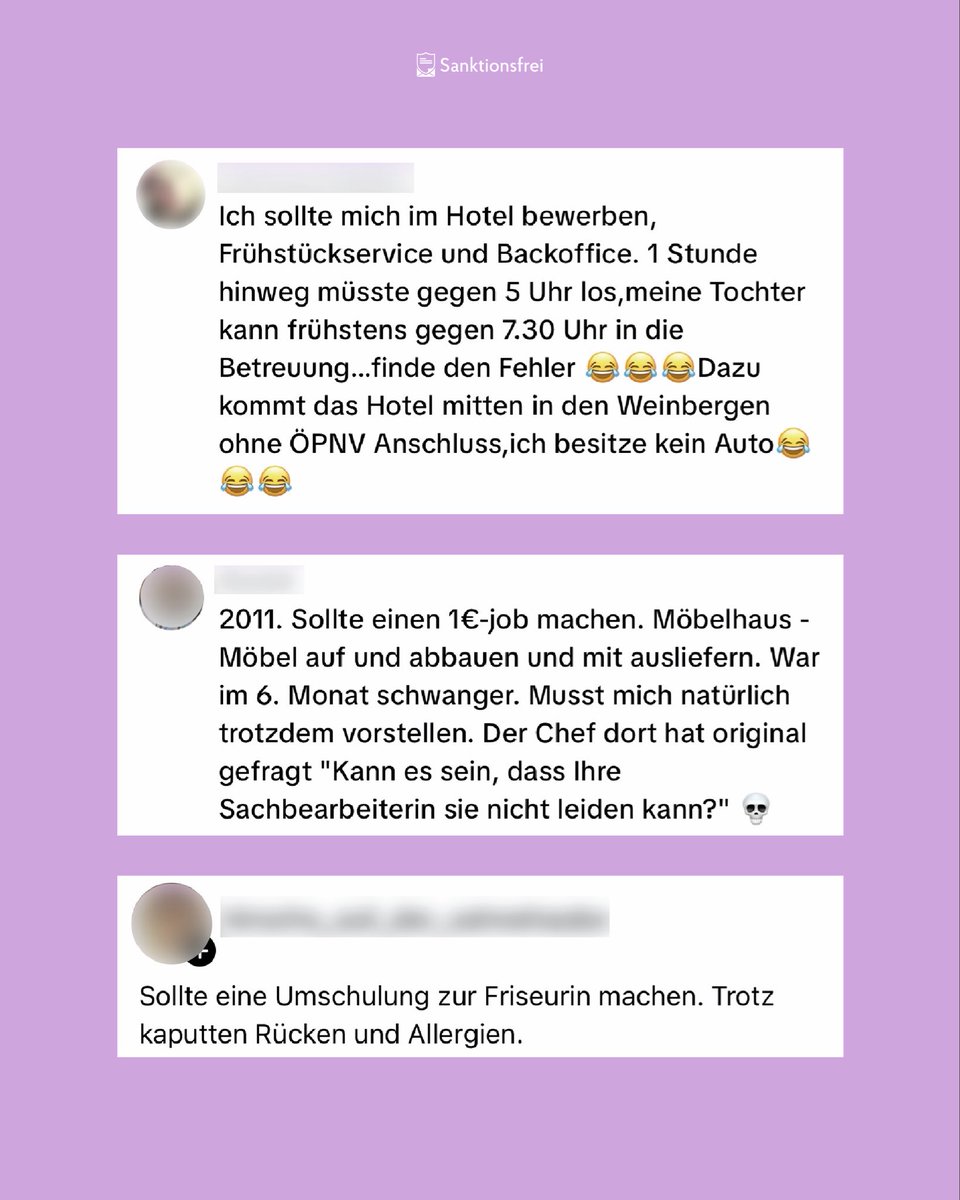 sanktionsfrei's tweet photo. Wer in der Grundsicherung Jobangebote ablehnt, dem kann der komplette Regelsatz gestrichen werden.

Welche Arbeit als „zumutbar“ gilt, entscheidet oft ein Sachbearbeiter im Jobcenter. Entsprechend fern von der Lebensrealität der Betroffenen sind manche Vermittlungsvorschläge. https://t.co/hp6gF6Iiop