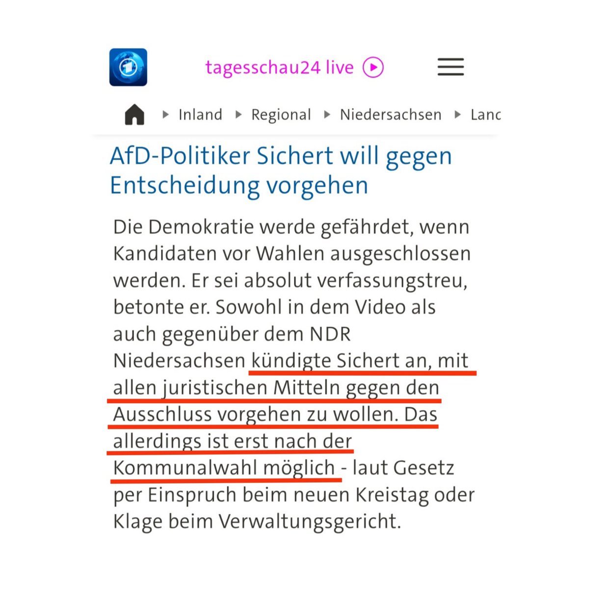 LibertyHannes's tweet photo. Du wirst von einem kommunalen Gremium - besetzt vom politischen Gegner - von der Wahl ausgeschlossen. Es gibt natürlich vor der Wahl keine Rechtsmittel dagegen. 

Nach der Wahl kannst Du dann bei einem kommunalen Gremium - besetzt vom politischen Gegner - Einspruch einlegen. Oder vor's Verwaltungsgericht gehen, dessen Richter vom (momentan SPD-geführten) Justizministerium -also vom politischen Gegner - ernannt sind.