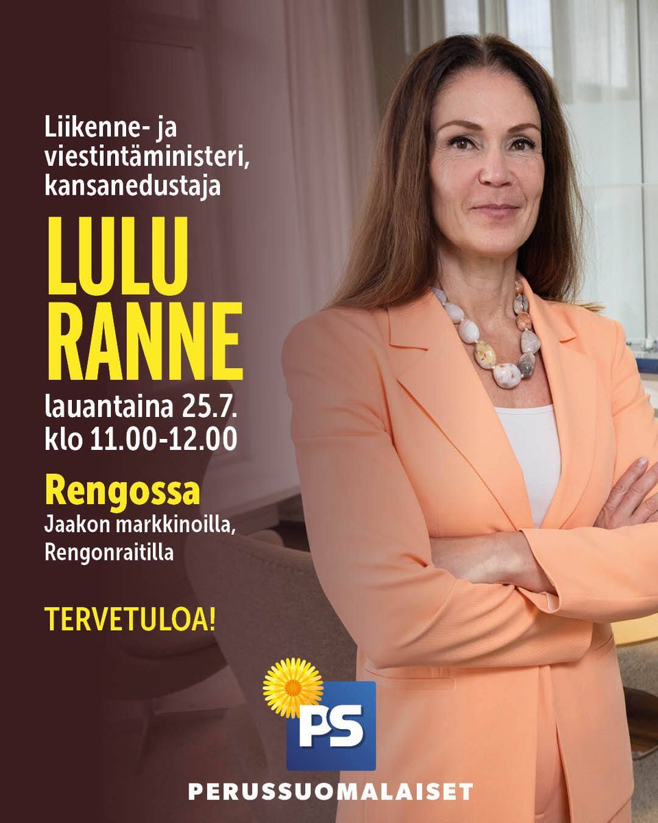 persut's tweet photo. Liikenne- ja viestintäministeri Lulu Ranne on tavattavissa lauantaina Rengossa Jaakon markinoilla kello 11.00-12.00! Tervetuloa tapaamaan ja juttelemaan! 🤝 https://t.co/R9y4AFvlwc