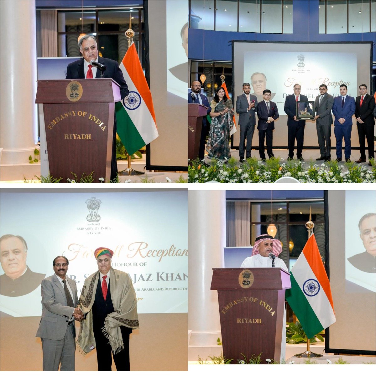 IndianEmbRiyadh's tweet photo. Embassy organized a warm farewell reception in honour of Ambassador Dr. Suhel Ajaz Khan who is completing his tenure in the Kingdom

The reception saw the participation of senior Saudi dignitaries, officials from various Ministries in the Kingdom, Saudi and Indian business Leaders, representatives from the Yemeni diaspora, and the Indian community. 

Various Saudi dignitaries expressed appreciation for Ambassador’s untiring work in bringing the two countries together, and wished him the best for all future endeavors.

In his remarks, Ambassador expressed his appreciation for various dignitaries and officials in strengthening the India – Saudi relationship and also commended the Indian community for their role as living bridge between the two countries.  He appreciated the business leaders for their work in deepening economic ties. He assured everyone that the Embassy would continue to serve with utmost commitment and dedication to advance the partnership.

@MEAIndia
@diaspora_india