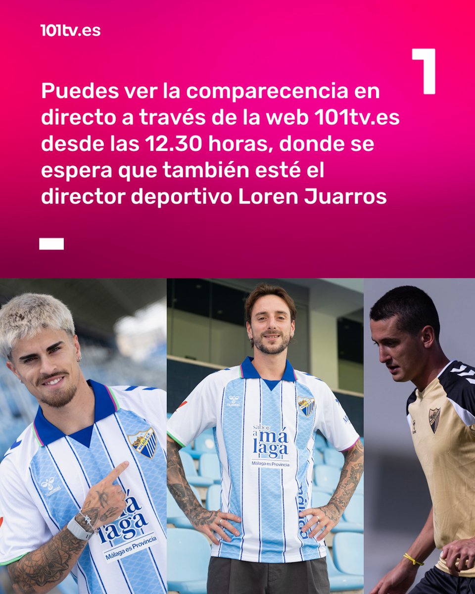 AreaMalaguista's tweet photo. 🔴⚽ Sigue en directo en 101TV la presentación de Juan Cruz, Calero y Dotor con el Málaga CF a partir de las 12.30 horas
💻 Más información en https://t.co/Aewt7Jjn4D
#MálagaCF #Presentación #JuanCruz #Calero #Dotor https://t.co/OWqpUdniJp