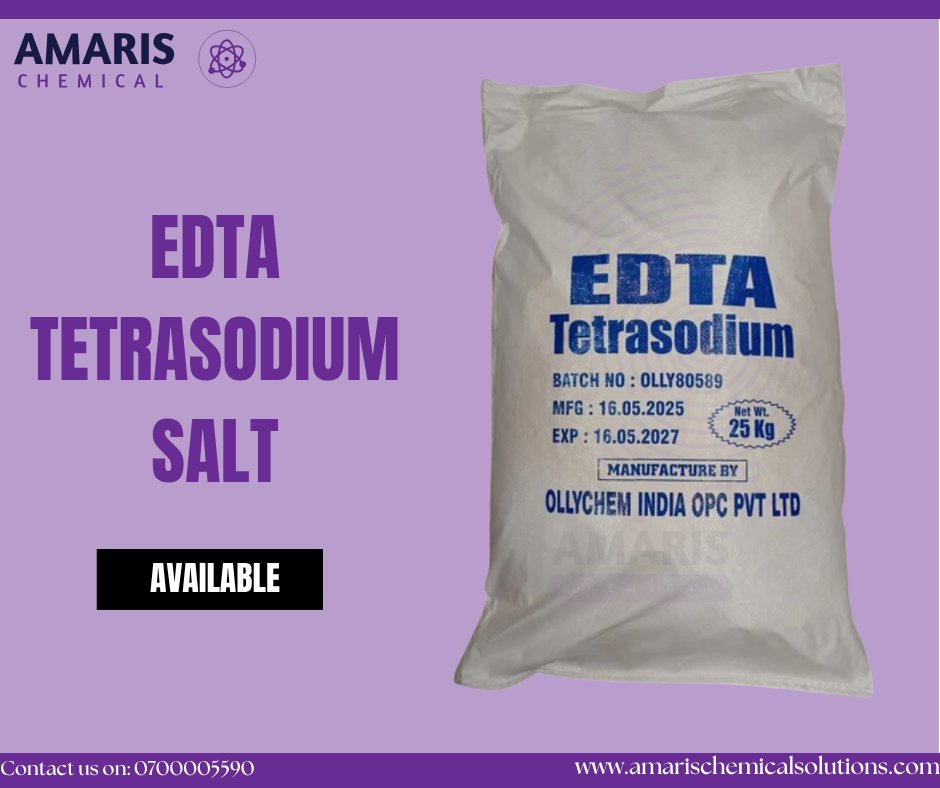 AmarisChemical's tweet photo. π§ͺ EDTA Tetrasodium Salt
β
οΈ Benefits
1) Binds metal ions.
2) Improves product stability.
3) Enhances cleaning performance.
4) Prevents scale formation.
5) Used in water treatment.
π Call/WhatsApp us on 0700005590
#edtatetrasodiumsalt #chelatingagent #watertreatment https://t.co/zDfN4dEvVo