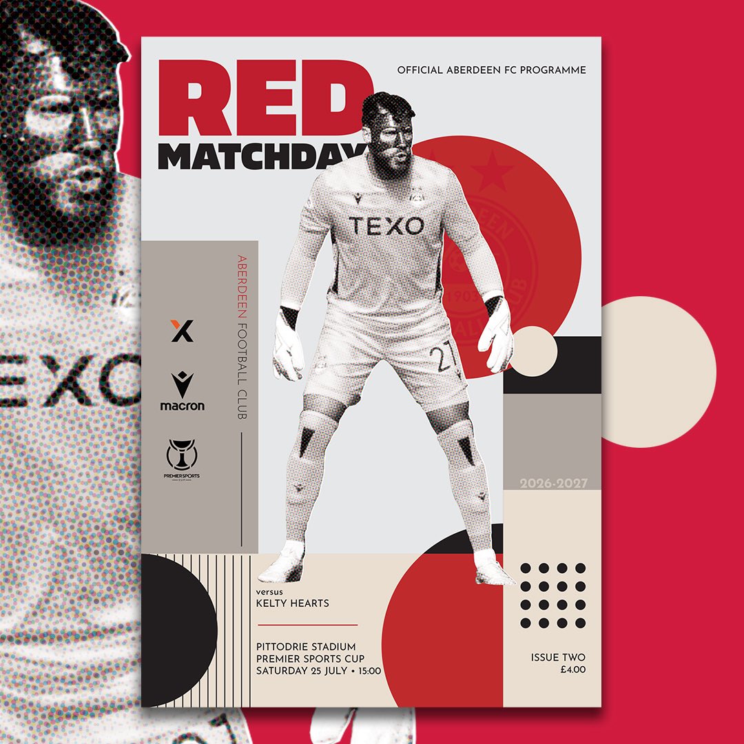 dollydigital's tweet photo. **Sneaky Peek** #RedMatchday programme cover design for @AberdeenFC v Kelty Hearts in the Premier Sports League Cup this Saturday features Marius Müller. #StandFree https://t.co/IJwJFBO3JC