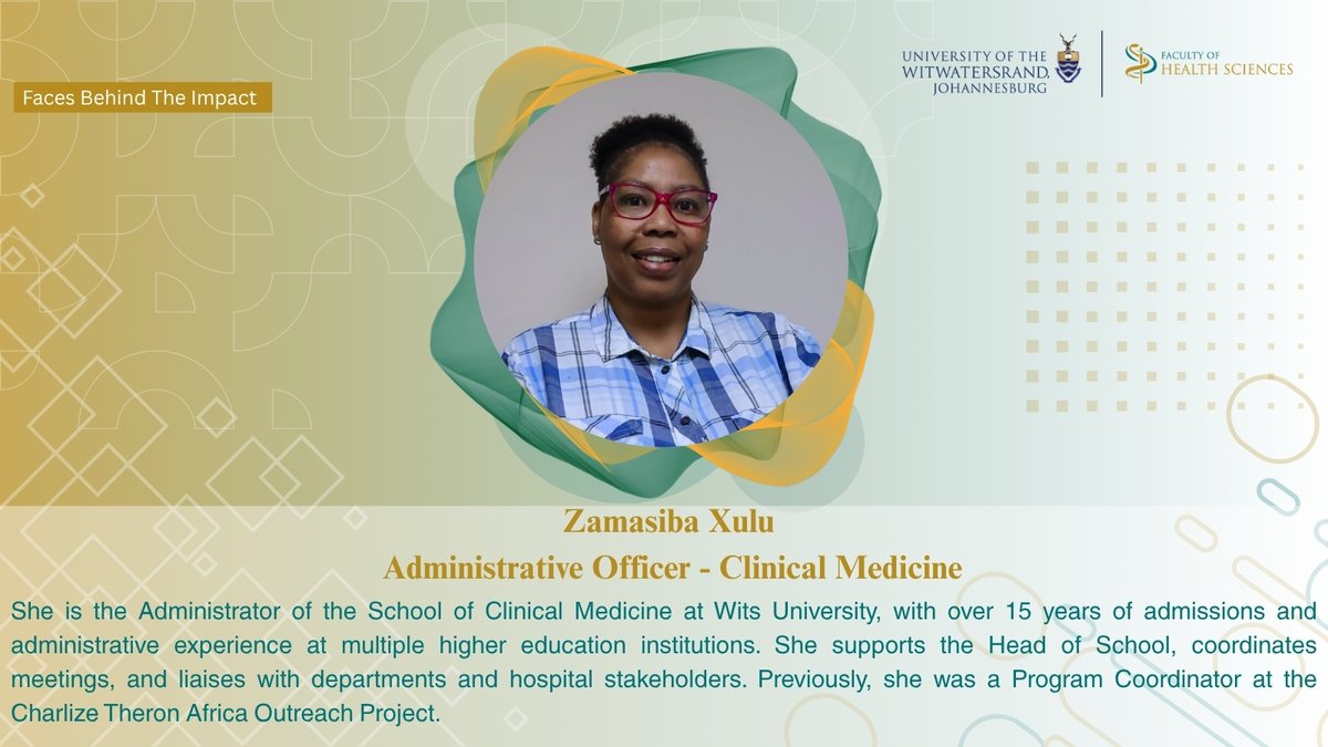 WitsHealthFac's tweet photo. Faces Behind The Impact.

Zamasiba Xulu — Administrative Officer in the School of Clinical Medicine at Wits University.
With 15+ years of experience, she keeps operations running smoothly, supports the Head of School, and strengthens vital links between departments and hospital stakeholders.
Essential behind-the-scenes leadership!

#WitsForGood #HealthForGood #ScienceForImpact
#HealthSciences