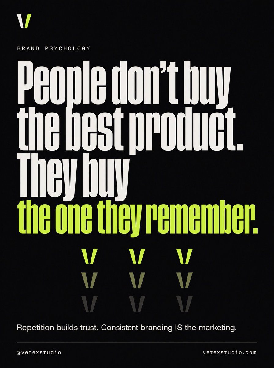 Vetexstudio's tweet photo. The best product doesn’t always win. The brand people remember does.

Attention is earned through consistency. Trust is built through repetition. If people remember you when it’s time to buy, you’ve already won half the battle.

#Branding #Marketing #BrandStrategy #Business https://t.co/jS6Put7paO