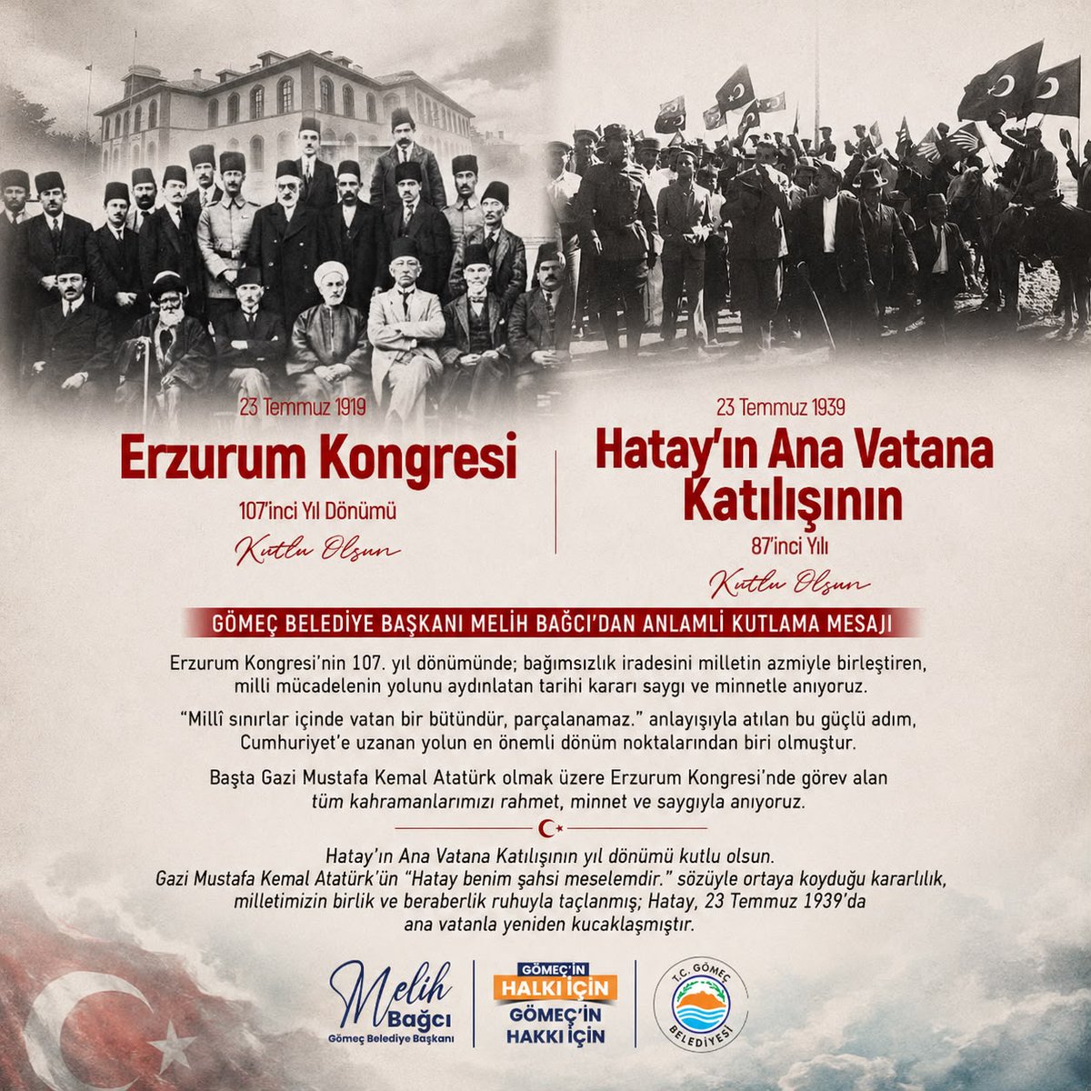 suatsalgin's tweet photo. GÖMEÇ BELEDİYE BAŞKANI MELİH BAĞCI’DAN ERZURUM KONGRESİ VE HATAY’IN ANA VATANA KATILIŞI MESAJI

(MAYHA) -Başkan Bağcı; yayımladığı mesajda, Türk milletinin bağımsızlık mücadelesinin iki önemli dönüm noktasını saygı ve gururla andı.
#MAYHA  #gömeç #melihbağcı #gömeçbelediyesi https://t.co/gq9Y1au9bF