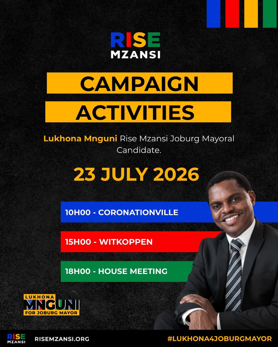 Rise_Mzansi's tweet photo. @lukhona_mnguni , RISE Mzansi Johannesburg Mayoral Candidate, will be in Coronationville and Witkoppen today, and attending a house meeting.
Join our WhatsApp channel for more updates: https://t.co/1MUgWvgCPD
#Lukhona4JoburgMayor #LGE2026 #VoteAmaselaOut #SafeAndCleanJoburg https://t.co/4dndMamnhR