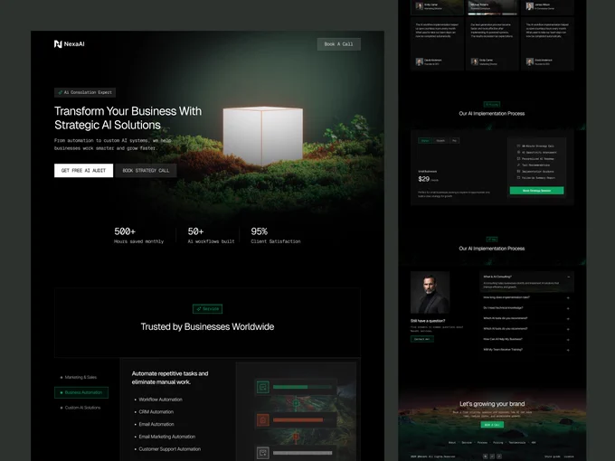 AI 컨설팅 랜딩 — 이끼 위 빛나는 큐브 다크 히어로