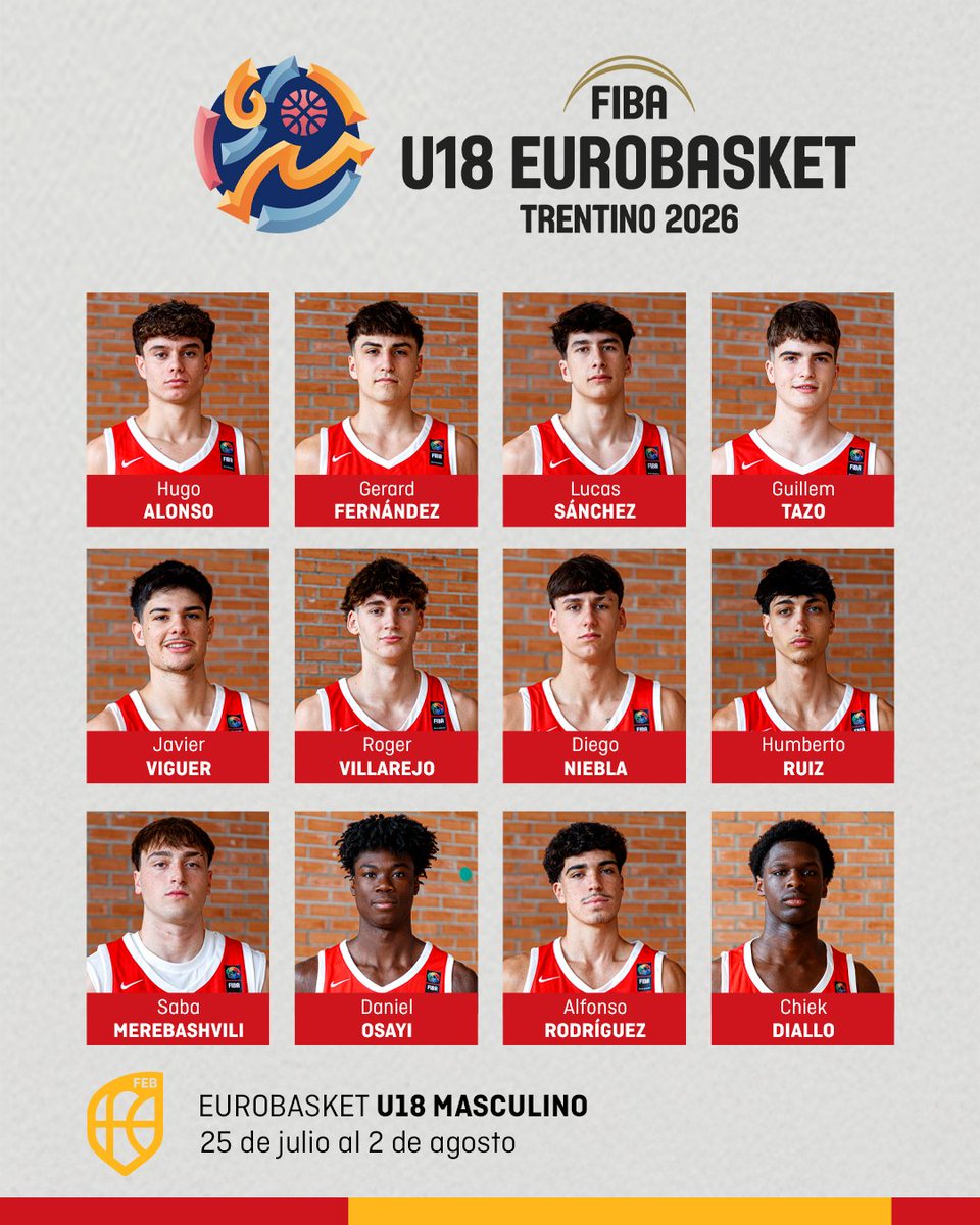 Cantera_Basket's tweet photo. 🚨 OFICIAL 🚨

✅ Los 12 de España #U18M para el #U18EuroBasket masculino 2026. 🏀🇪🇸

#SomosEquipo https://t.co/eJsxeuKNLd