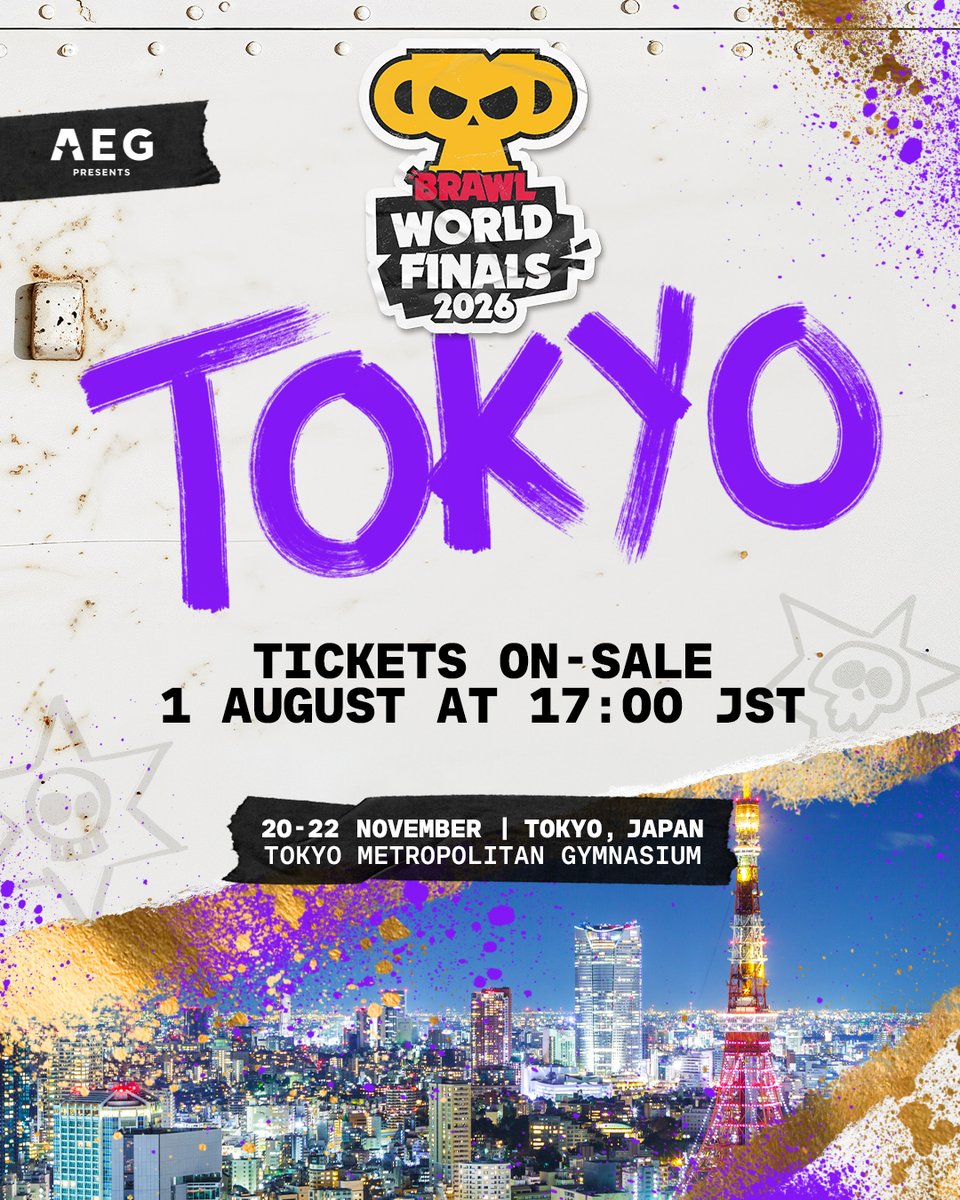 Brawl_esports's tweet photo. The countdown to the 2026 Brawl Stars World Finals starts now 🏆

🎟️ Tickets on sale August 1 at 17:00 JST 
📍 Tokyo Metropolitan Gymnasium
🗓️ November 20-22 

More details regarding World Finals coming soon 👀

#BSC26 #BSWF26 https://t.co/Lmp5UxAHhw