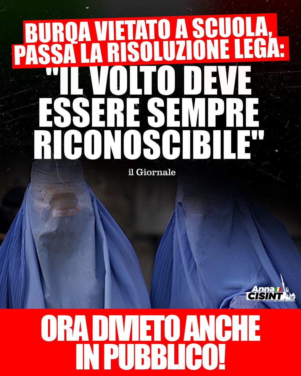 annacisint's tweet photo. 🚫🚫🚫Lo dico da più di 10 anni: nei luoghi pubblici si va a volto scoperto!

A Monfalcone, da Sindaco, ho vietato l’accesso ai locali del Comune a chi non ha il viso riconoscibile, regola fondamentale di sicurezza e legalità.

Benissimo la risoluzione della Lega: basta sottomissione, basta velo nelle scuole! Ora divieto totale in tutti i luoghi pubblici.

🇮🇹💪🏻In Italia si rispettano leggi, cultura e libertà! 

#Lega  #Patriots
