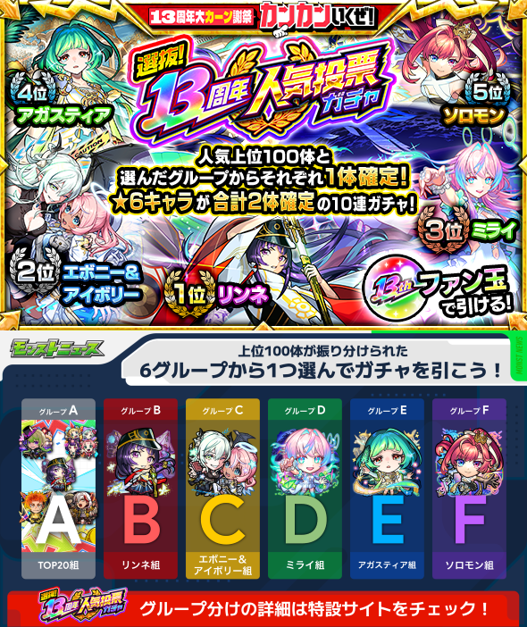 monst_mixi's tweet photo. ⭐🏆選抜！13周年 #人気投票ガチャ🏆⭐

グループを選んで引ける無料🔟連ガチャ！
選んだグループの★6キャラが1体確定💡

さらに今年は
上位100体から★6キャラが1体確定‼️

あなたはどのグループを選ぶ？👀

▼詳細
https://t.co/Zs5WrixgXp

#モンスト #モンスト13周年 https://t.co/1ZoZfrPWdS