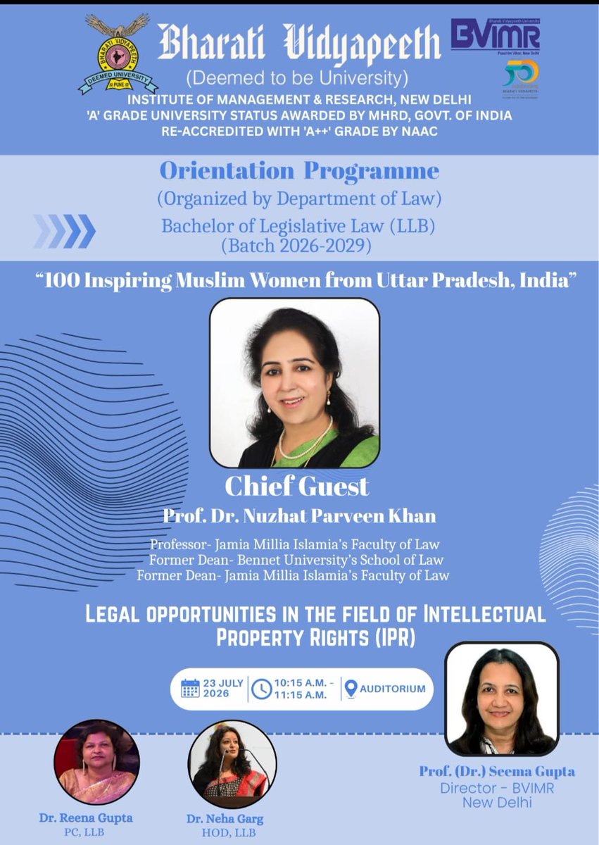 bvimrnewdelhi's tweet photo. Option 2: Short &amp; Direct (Quick announcement)
🎉 Wrapping up Day 3 of our Orientation Programme under the leadership of Director Prof. Dr. Seema Gupta!
Join us as Bharat Pratibha Samman awardee Prof. Dr. Nuzhat Parveen Khan shares insights on IPR opportunities. https://t.co/4VXM64bTyu