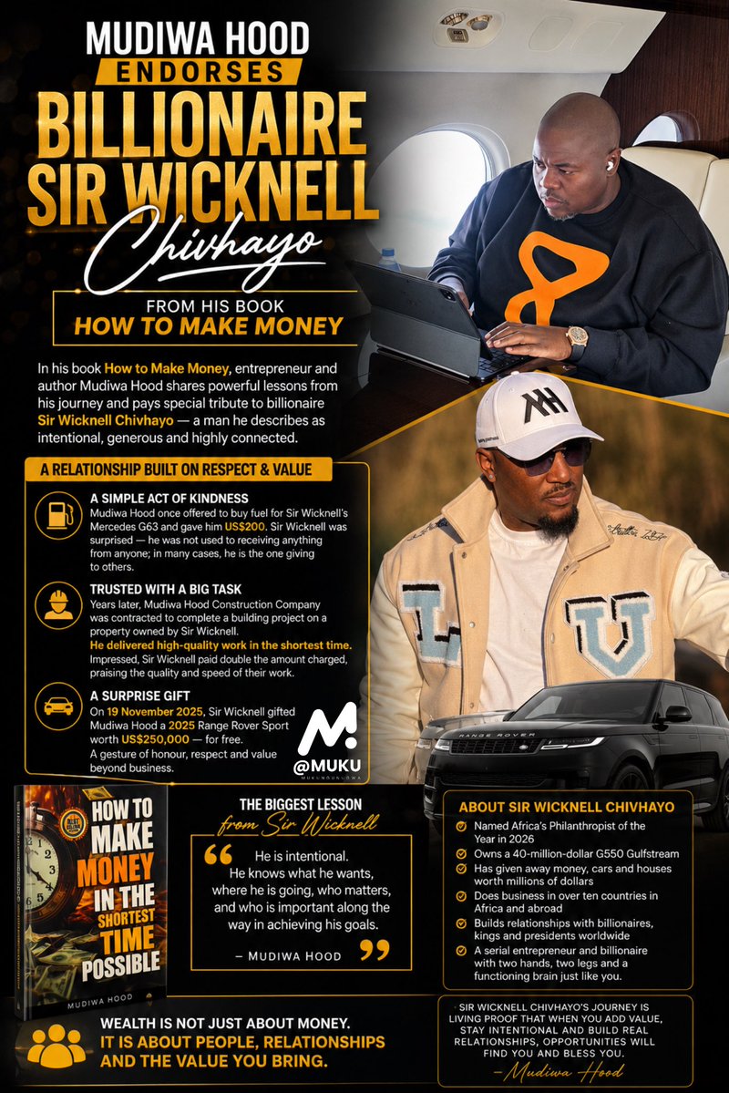CMukungunugwa's tweet photo. Mudiwa Hood Endorses Billionaire Sir Wicknell Chivhayo in How to Make Money

In his book How to Make Money, entrepreneur and author Mudiwa Hood uses billionaire Sir Wicknell Chivhayo as a powerful example of how relationships, intentionality and strategic networking can play a major role in building wealth.

Hood recounts his personal journey with Sir Wicknell, beginning with a simple encounter in Harare where he offered to buy fuel for Sir Wicknell’s Mercedes G63 and gave him US$200. Years later, Hood’s construction company completed a project on a property owned by Sir Wicknell, who reportedly paid double the agreed amount because he was impressed by the quality and speed of the work.

Their relationship would later take another remarkable turn. Hood writes that on 19 November 2025, Sir Wicknell gifted him a 2025 Range Rover Sport worth US$250,000.

Throughout the chapter, Hood describes Sir Wicknell as a billionaire, serial entrepreneur and philanthropist who has given away money, vehicles and houses worth millions of dollars. He praises his ability to build relationships with influential businesspeople, kings and presidents across the world.

The major lesson Hood draws from Sir Wicknell’s journey is simple: success is intentional. He argues that Sir Wicknell knows where he wants to go, understands the importance of relationships and surrounds himself with people who can add value to his vision.

For Hood, Sir Wicknell Chivhayo’s story demonstrates one of the central messages of How to Make Money: wealth is not only about money it is also about people, relationships and the value you bring to your network. @wicknellchivayo @MudiwaHood