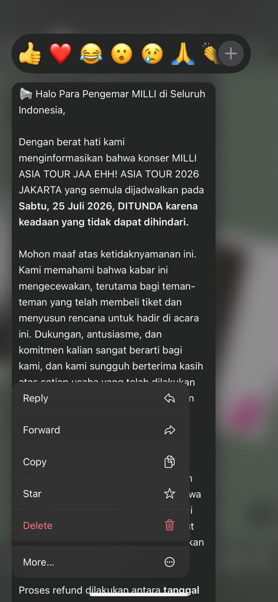 nnnfvc's tweet photo. anjing bgt konser MILLI tiba-tiba postponed h-3. bau-bau bakalan cancel sih ini, gaje bgt soapnya disuruh ajuin refund. taii 🫵🏻😭😡 https://t.co/MfbuhDqy72