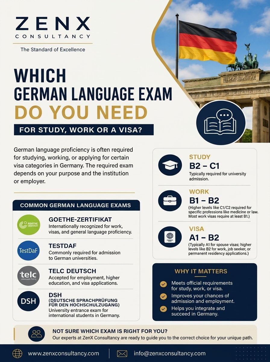 zenxconsultancy's tweet photo. 🇩🇪 Planning to Study, Work, or Apply for a Visa in Germany?

Choosing the right German language exam is the first step toward your goal.

📘 Common German Language Exams:
✔️ Goethe-Zertifikat
✔️ TestDaF
✔️ telc Deutsch
✔️ DSH

🎓 Study: Usually B2–C1
💼 Work: Often A2–B2
🛂 Visa: Requirements vary by visa category (A1–B2)

Not sure which exam you need? Let our experts help you choose the right path based on your goals.

📧 info@zenxconsult.com