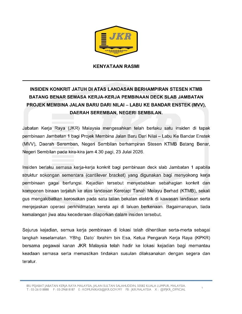 IPJKR_Official's tweet photo. 𝐊𝐄𝐍𝐘𝐀𝐓𝐀𝐀𝐍 𝐑𝐀𝐒𝐌𝐈 

INSIDEN KONKRIT JATUH DI ATAS LANDASAN BERHAMPIRAN STESEN KTMB BATANG BENAR SEMASA KERJA-KERJA PEMBINAAN DECK SLAB JAMBATAN PROJEK MEMBINA JALAN BARU DARI NILAI – LABU KE BANDAR ENSTEK (MVV), DAERAH SEREMBAN, NEGERI SEMBILAN.

#DeliveryIsOurPriority
#IamJKR #KitaJKR
#JasaKepadaRakyat
#TangkasBertindak