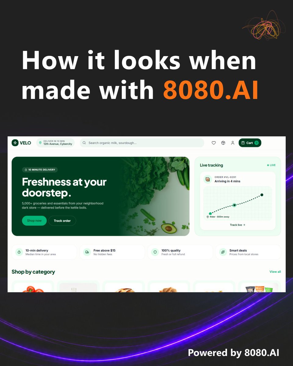 8080AI's tweet photo. Gave https://t.co/NeuaZMElIZ one instruction: build an instant grocery app.

It shipped something that looks just like Zepto cart, live tracking, the works.

That's the kind of app you can build now. https://t.co/9MwVRhI2xS
