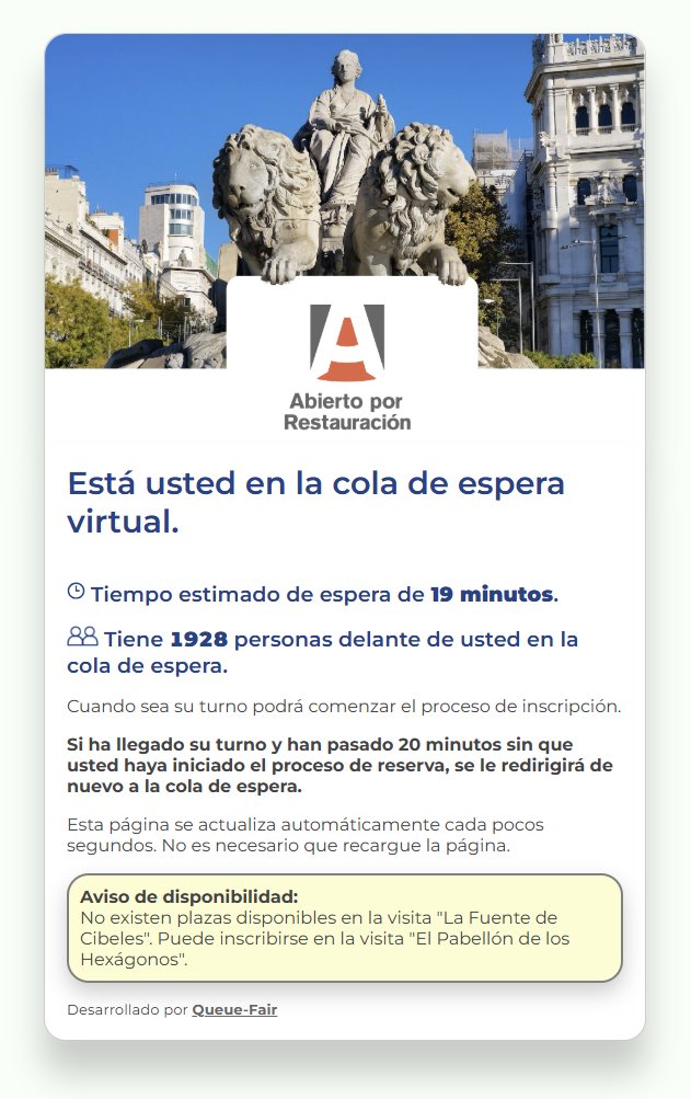 comomolamadrid's tweet photo. Y después de más de una hora en "cola virtual"...

"No existen plazas disponibles en la visita La Fuente de Cibeles".

Gracias, @MADRID, por haber hecho perder una hora a  centenares de personas.

Sugerencia: ¿Qué tal abrir un periodo para apuntarse y hacer un sorteo? https://t.co/5WkdnUgzEJ