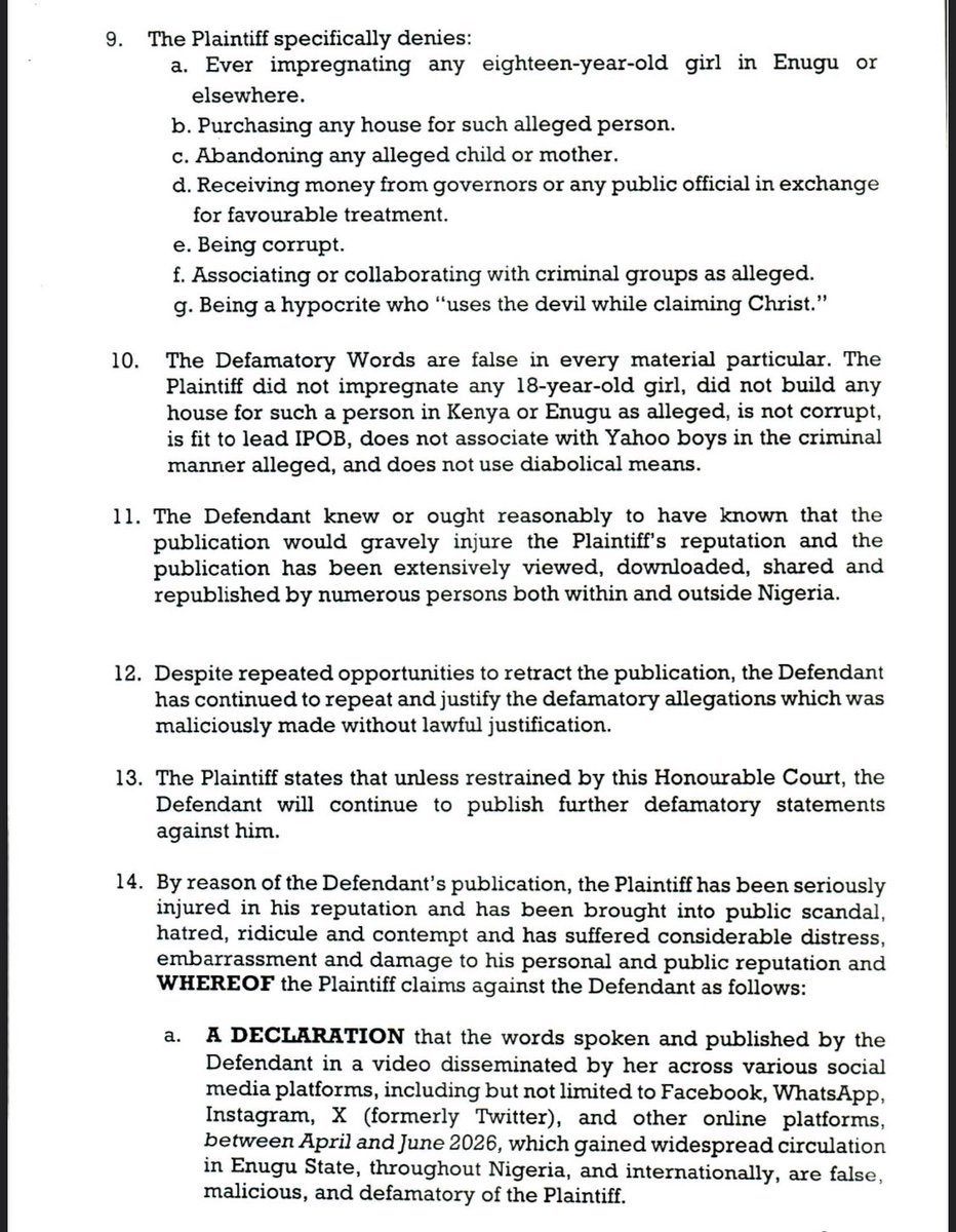 AloyEjimakor's tweet photo. PRESS STATEMENT: 23/07/2026

Nnamdi Kanu: Ohanaeze Youth Council Commends Aloy Ejimakor for Filing Defamation Suit Against Lolo Nneka Chimezie

The Ohanaeze Youth Council (OYC) Worldwide, the apex sociocultural youth organization of Igbo youths, has commended Bar. Aloy Ejimakor, special counsel to Mazi Nnamdi Kanu, leader of the Indigenous People of Biafra (IPOB), for instituting a defamation lawsuit against Lolo Nneka Chimezie on 20th of July 2026 at federal high court Enugu.

It is on record that Lolo Nneka Chimezie has appeared in multiple viral videos making defamatory allegations against Mazi Nnamdi Kanu. The claims include allegations of impregnating an 18-year-old woman, abandoning her, and purchasing property for her. These statements appear aimed at tarnishing the private life of the Supreme Leader of the Indigenous People of Biafra, Mazi Nnamdi Kanu, who was recently illegally tried and illegally convicted by the Federal High Court in Abuja under incompetent Justice James Omotoso,  a legal process the world have described as unlawful and lacking due process.

During a press briefing in Enugu on Thursday, 23rd July 2026, Comrade Igboayaka O. Igboayaka, the National General President of the Ohanaeze Youth Council (OYC), praised the swift legal action initiated against Lolo Nneka Chimezie, perceiving it as an indication of Mazi Nnamdi Kanu's legal team's readiness to confront, through legal means, any agents, in any disguise, who seek to subvert the Biafra Self-determination project under the leadership of Mazi Nnamdi Kanu.

Comrade Igboayaka O Igboayaka warned some Igbos with questionable patrilineage to cease making defamatory comments about Mazi Nnamdi Kanu's personal and private life.

Mazi Nnamdi Kanu has paid a high price for the sake of Biafra's restoration, and his human fallibility will not impede the actualization of Biafra. Thus, those who demand perfection from Nnamdi Kanu must first secure their own canonization of sainthood from the Roman Catholic Pope before finding fault in him" Igboayaka stated.

Comrade Igboayaka cautioned that authentic Biafra agitators and sympathizers who have identified mistakes within the Indigenous People Of Biafra (IPOB) under Mazi Nnamdi Kanu's leadership should discreetly convey their corrections or advice in a manner that fosters unity, love, and genuineness, rather than resorting to public outbursts that may be perceived as sabotage or betrayal to the cause.

Finally, Comrade Igboayaka O Igboayaka advised all proponents of freedom that the Indigenous People Of Biafra (IPOB) under Mazi Nnamdi Kanu should not be the only pro-Biafran groups, and those who do not approve of Mazi Nnamdi Kanu's leadership should leave IPOB with a progressive mindset and establish their own group, as Ndigbo will welcome any pro-Biafran group whose agenda is Biafra Restoration.

Signed 

Comrade Igboayaka O Igboayaka
National President General Ohanaeze Youth Council(OYC).