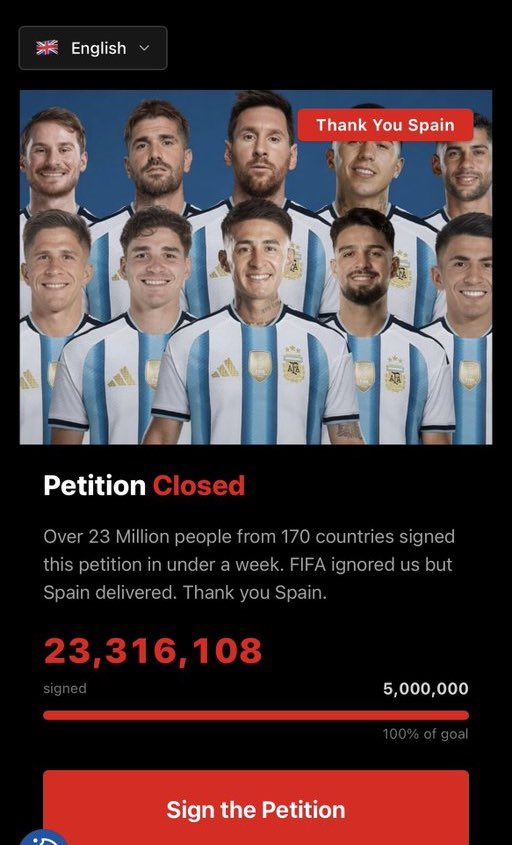 FabrizioR0naldo's tweet photo. 🚨BREAKING:  Argentina has been voted as the most HATED country in the World Cup and second most hated in the world after Israel. 

A petition by football fans to have them kicked out of the World Cup tournament has passed over 23 million signatures. https://t.co/lzgqm8ps0C
