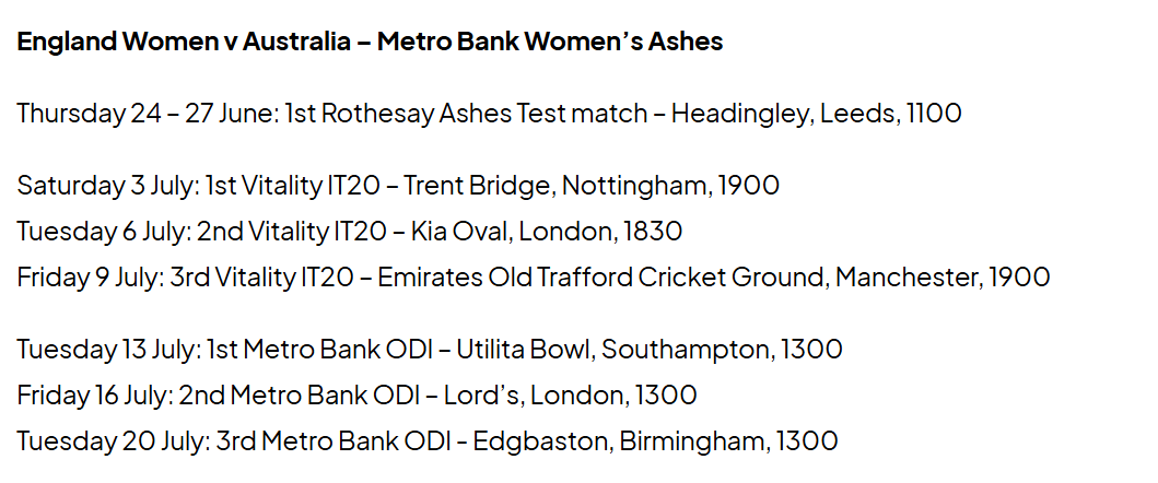 _hypocaust's tweet photo. International fixtures for the 2027 English season.
The Women's Ashes will take place between 24th June and 20th July.
Bangladesh women will then play their first bilateral tour of England from 8th to 24th September.
#ENGvAUS #ENGvBAN
https://t.co/VjL3cIAuaA https://t.co/j1dnTZKG43