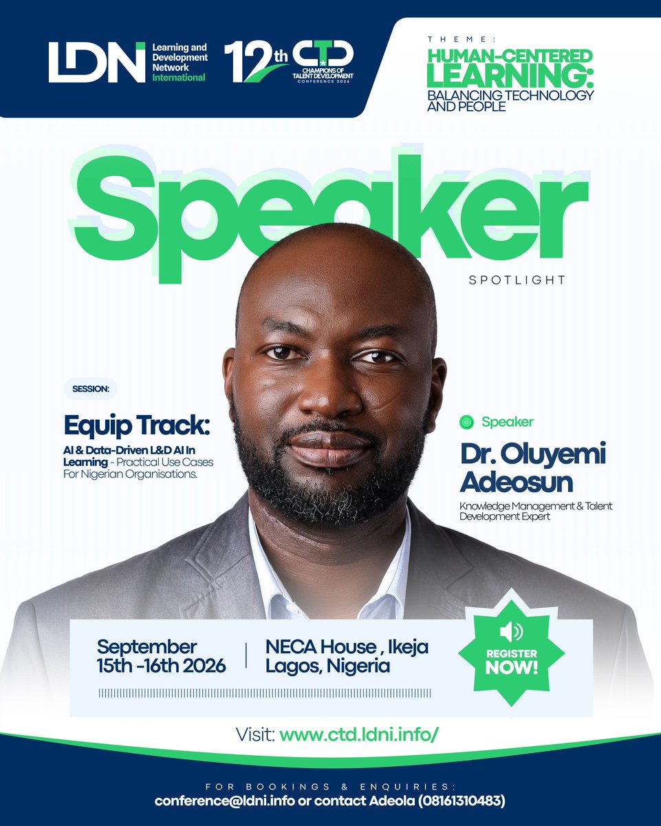 CtdConference's tweet photo. Most organisations are drowning in information. And starving for actual knowledge. 

68 published papers. Heirs Energies. Rome Business School. Dr. Oluyemi Adeosun is answering the hardest L&amp;D question at #CTDC26.

Early bird closes July 31.

 https://t.co/goNZp37PGr #LDNI https://t.co/DeJ7SWEcJv