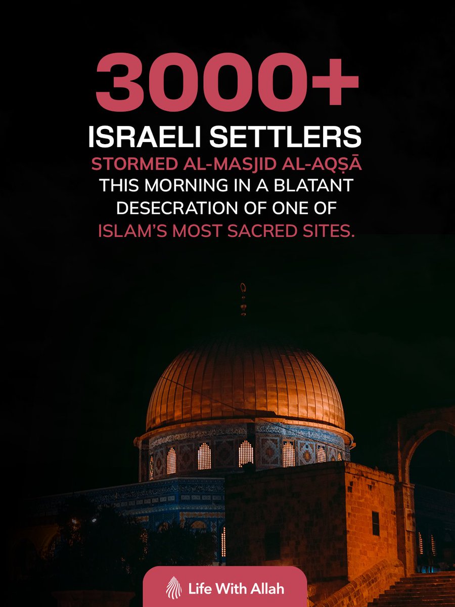 alifewithallah's tweet photo. This morning, more than 3,000 Israeli settlers stormed and desecrated the blessed al-Masjid al-Aqṣā [with the number expected to rise throughout the day] in an incursion led by the criminal minister Ben-Gvir.

Under heavy police protection, settlers raised Israeli flags, performed Talmudic rituals, sang the Israeli national anthem, and danced in the courtyards of the blessed sanctuary.

The storming of al-Masjid al-Aqṣā has become just another passing news story. The occupation continues to escalate its violations of one of Islam's most sacred sites, while the world watches in silence.

O Allah, protect the blessed al-Masjid al-Aqṣā and its worshippers. Liberate this blessed sanctuary from occupation and oppression, and purify it from the clutches of the Zionists.

#AlAqsa #AlAqsaMosque
