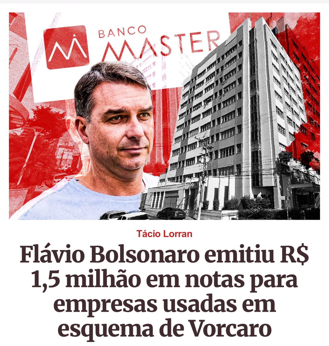 demori's tweet photo. AO VIVO com @taciolorran, repórter da matéria: “Flávio Bolsonaro emitiu R$ 1,5 milhão em notas para empresas usadas em esquema de Vorcaro” https://t.co/0mIpc6qiSd