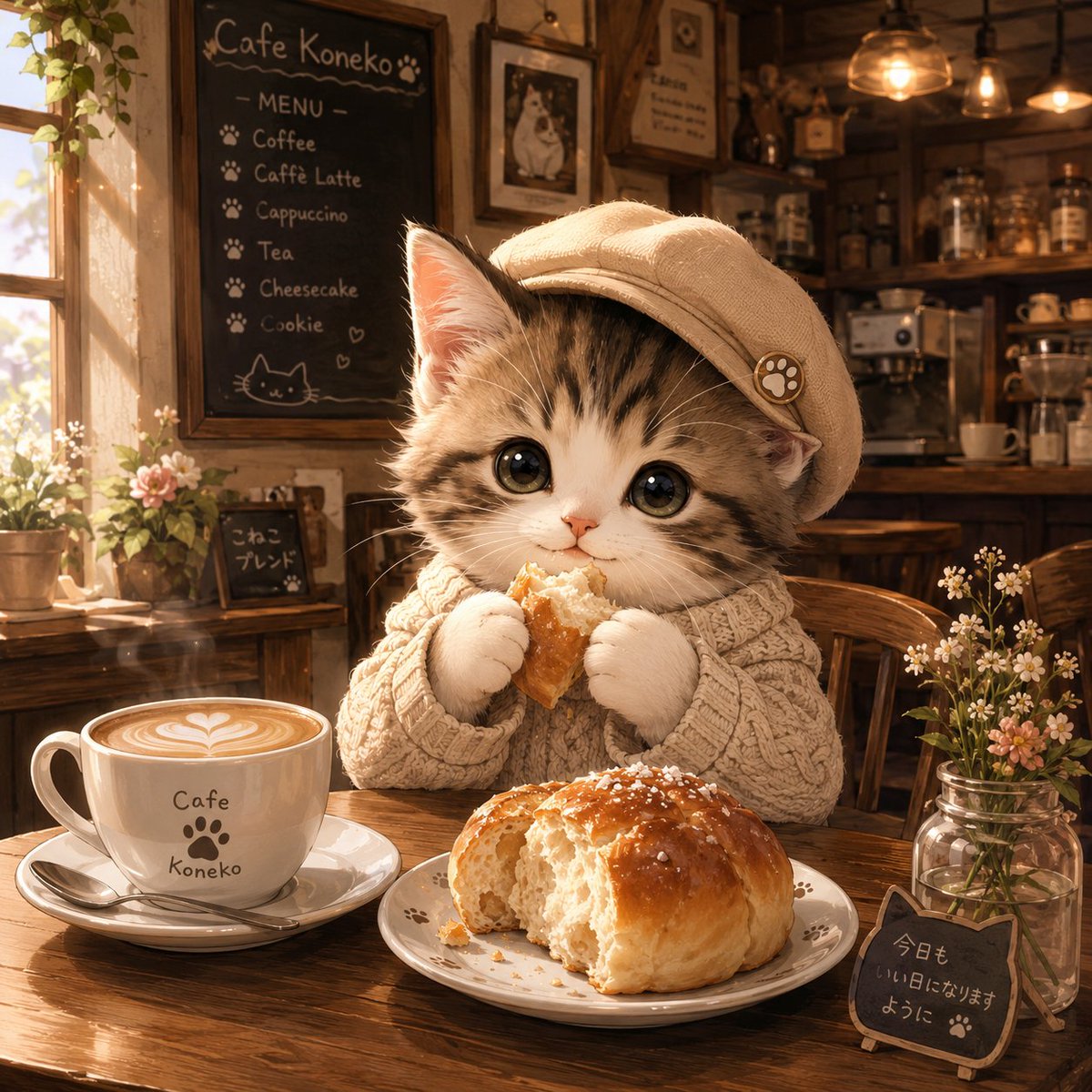 lItNofsskY78264's tweet photo. 学校、仕事帰りにカフェでまったりコーヒーとパンいかがでしょうか
#AIイラスト #子猫 #猫のいる暮らし #カフェ時間 #パン好き #癒し #AIart #CuteCat #CafeTime #KawaiiArt https://t.co/3yQniD7330
