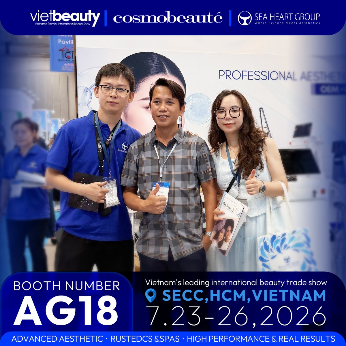 SeaHeartbj's tweet photo. Day 1 at Cosmobeauté Vietnam 2026 ✨
A fantastic first day at SEAHEART booth!
📍 SECC, HCMC, Vietnam
📌 Booth AG18
📅 23–25 July 2026
Learn More:https://t.co/YfkhCYWGTV
#SEAHEART #CosmobeauteVietnam2026 https://t.co/VuhJFThVlh
