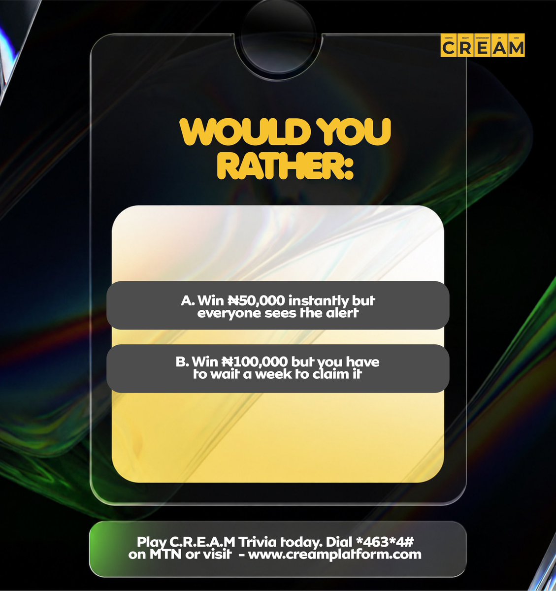 Dcreamplatform's tweet photo. What’s your pick?🫣

There’s always something to win on C.R.E.A.M!

Play our trivia today and stand a chance to win cash prizes and airtime💃

Dial *463*4# on MTN!

#creamplatform #trivia #gamers https://t.co/aEPedBELcw