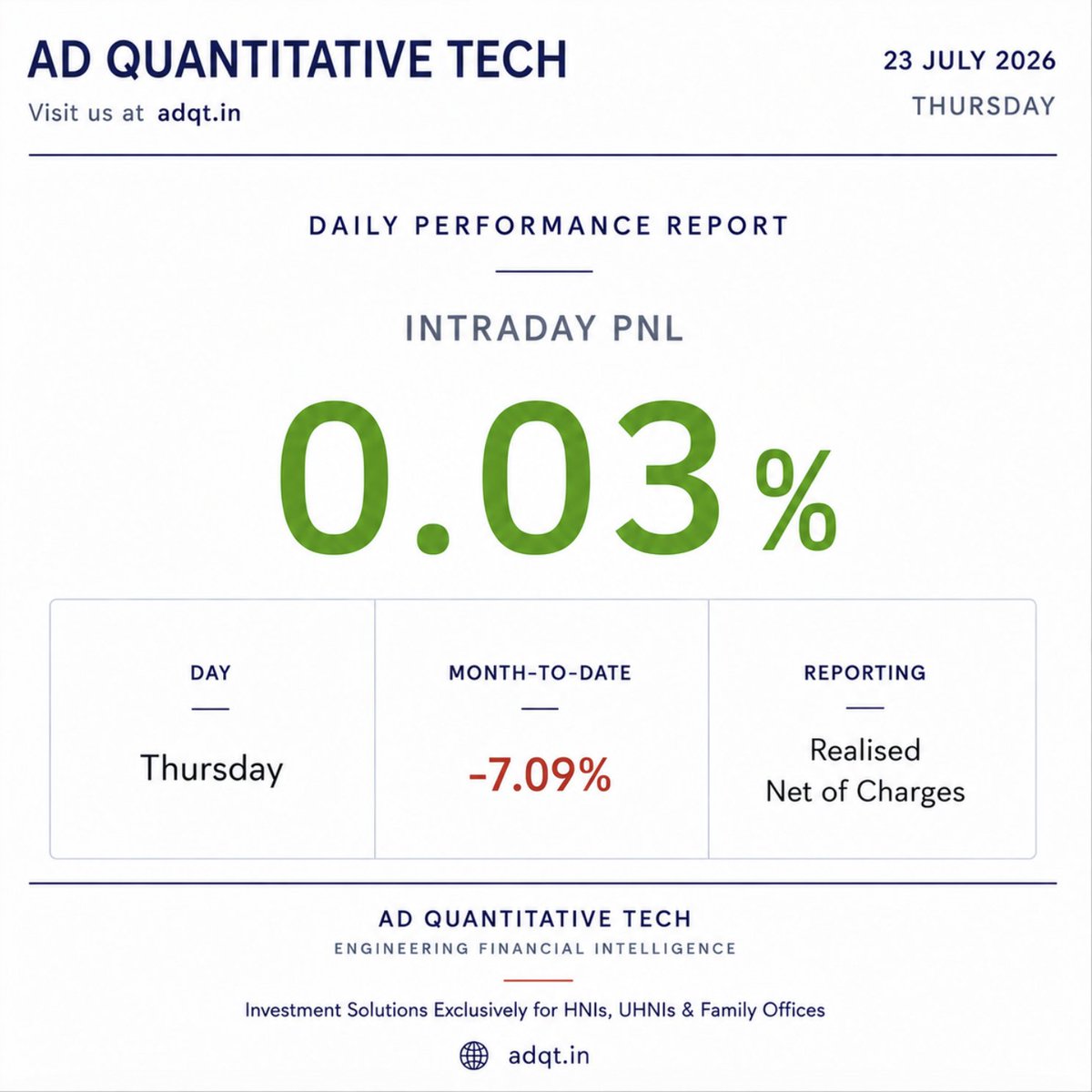 AD_QTECH's tweet photo. Daily Performance Report
Performance for the trading session (23-07-26) is attached below.
#ADQuantitativeTech
Visit us at π https://t.co/ky3ZtkUyJp