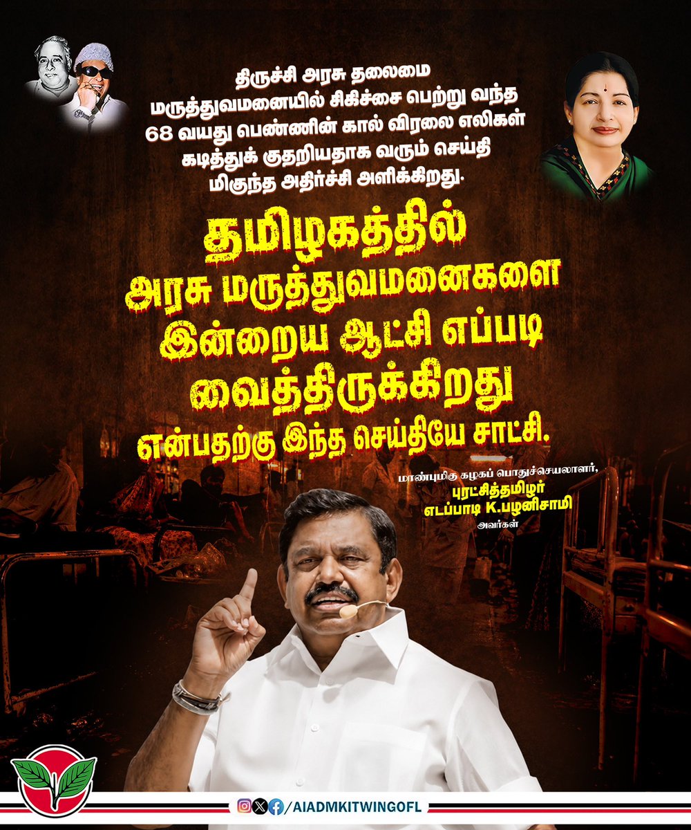 AIADMKITWINGOFL's tweet photo. திருச்சி அரசு தலைமை மருத்துவமனையில் சிகிச்சை பெற்று வந்த 68 வயது பெண்ணின் கால் விரலை எலிகள் கடித்துக் குதறியதாக வரும் செய்தி மிகுந்த அதிர்ச்சி அளிக்கிறது.

தமிழகத்தில் அரசு மருத்துவமனைகளை இன்றைய ஆட்சி எப்படி வைத்திருக்கிறது என்பதற்கு இந்த செய்தியே சாட்சி.

-மாண்புமிகு கழகப் பொதுச் செயலாளர் புரட்சித் தமிழர் திரு. @EPSTamilNadu அவர்கள். 

#பொய்க்கால்_குதிரை_அரசு