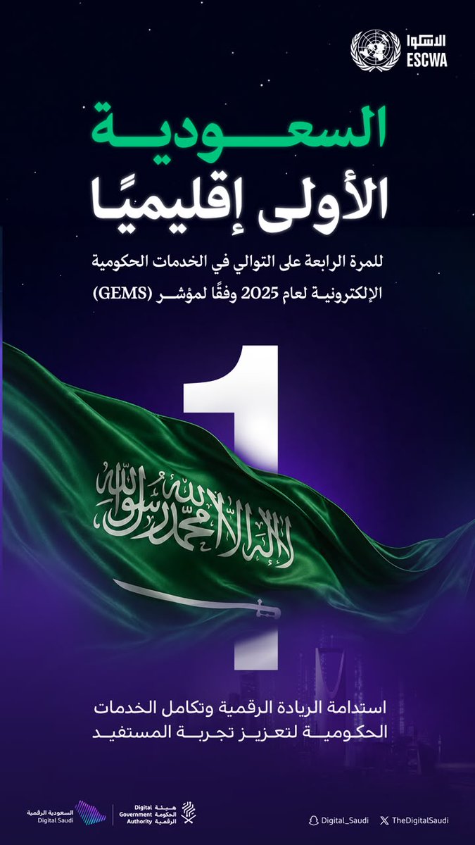 TheDigitalSaudi's tweet photo. #السعودية_الأولى_رقميًا في الخدمات الحكومية الرقمية للمرة الرابعة على التوالي، بما يعزز جودة الخدمات وتجربة المستفيد، وفقًا لمؤشر (GEMS). https://t.co/pZmgJD0LtJ