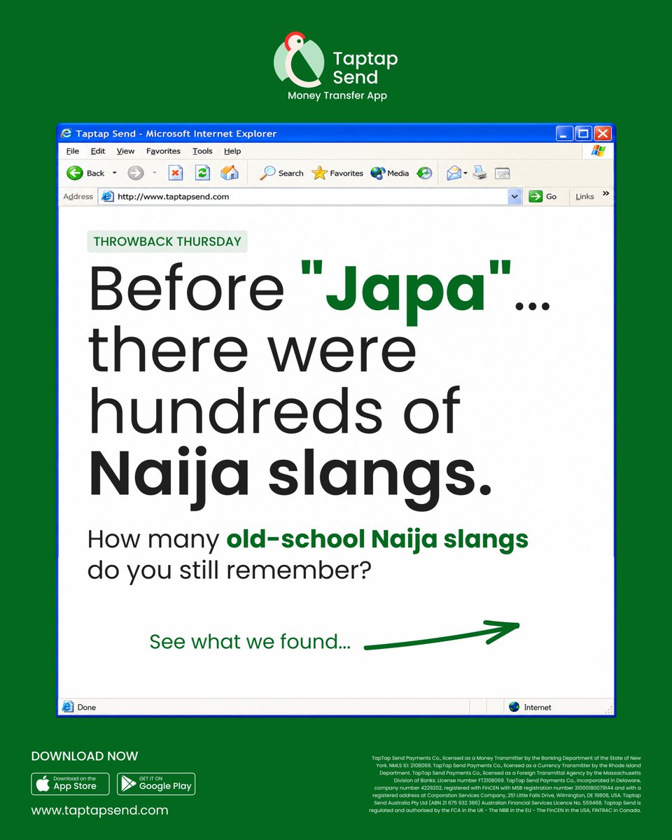 taptapsendng's tweet photo. What is the absolute oldest Naija slang you can remember using? Drop it in the comments and let’s see who the real veterans are! Don't Dull👇🏾

#Throwback #NaijaSlang #OldSchoolNaija #Nostalgia #TaptapSend https://t.co/e1cO8qDZyn