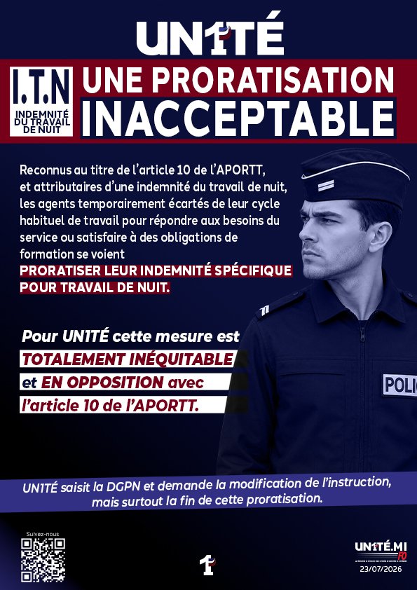 UN1TE_policenat's tweet photo. I.T.N
UNE PRORATISATION INACCEPTABLE

Reconnus au titre de l’article 10 de l’APORTT, et attributaires d’une indemnité du travail de nuit, 
Les agents temporairement écartés de leur cycle habituel de travail pour répondre aux besoins du service ou satisfaire à des obligations de formation se voient PRORATISER LEUR INDEMNITÉ SPÉCIFIQUE POUR TRAVAIL DE NUIT.

Pour UN1TÉ cette mesure est totalement inéquitable et en opposition avec l’article 10 de l’APORTT.

UN1TÉ saisit la DGPN et demande la modification de l’instruction, mais surtout la fin de cette proratisation.

#UN1TÉ