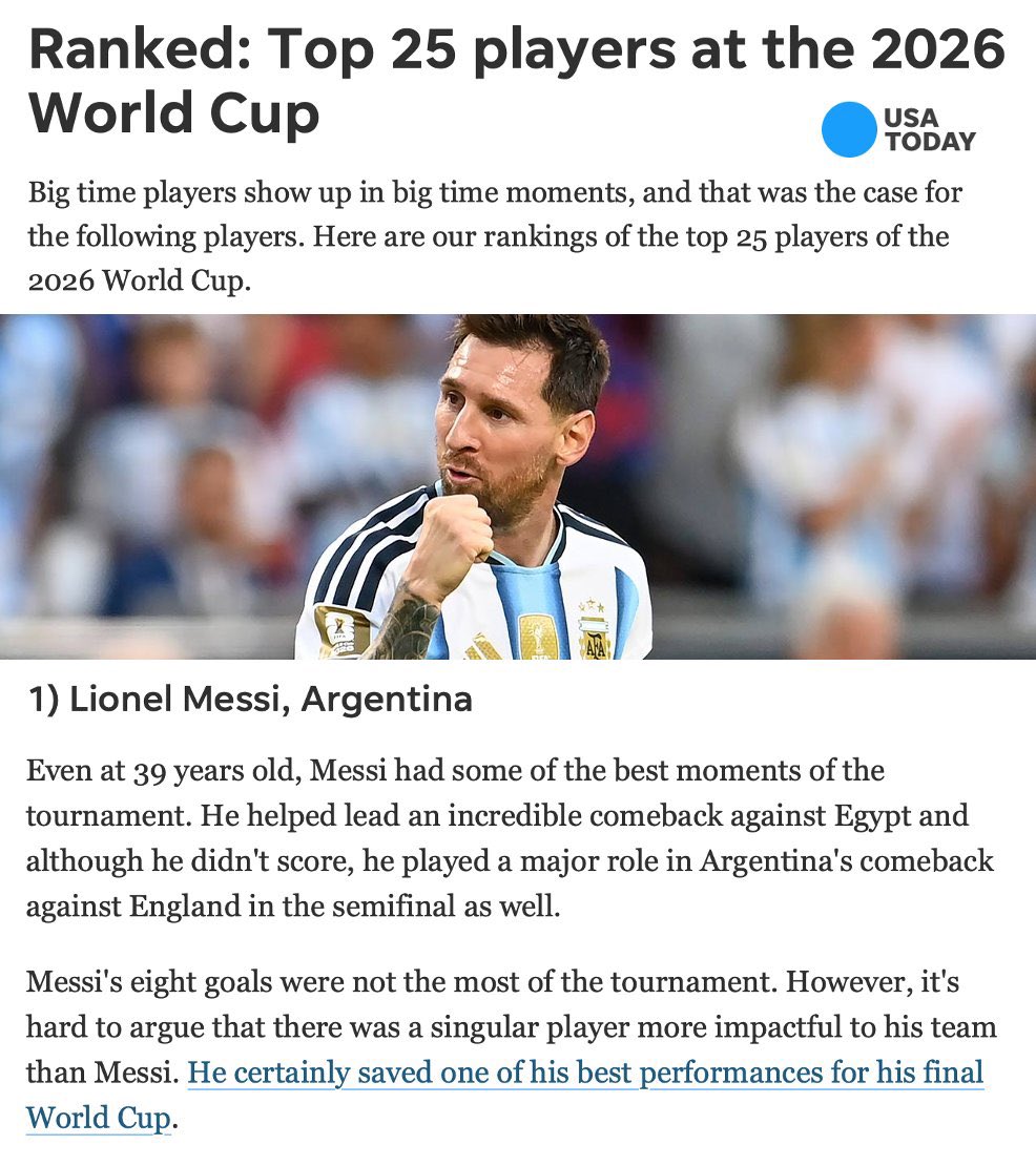 WeAreMessi's tweet photo. 🚨 Lionel Messi has been named the BEST PLAYER of the 2026 FIFA World Cup by @USATODAY! 🐐🇦🇷

🏆 Rankings:

Lionel Messi
Kylian Mbappé
Pau Cubarsí

Some things don’t need official awards to be recognized. The football world knows who the greatest is. https://t.co/u6cEICszvj