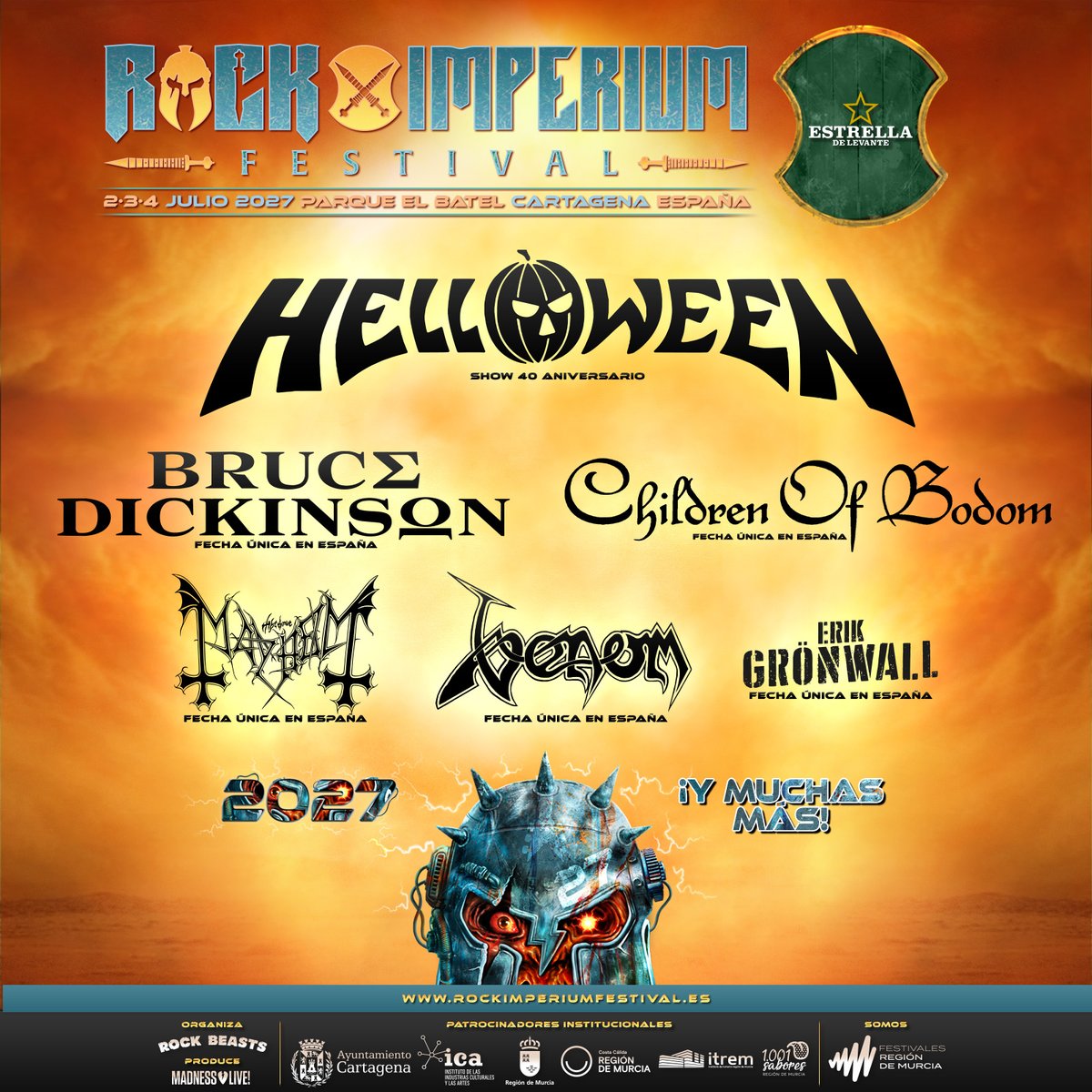 RockImperiumFes's tweet photo. 🔥 BRUCE DICKINSON SE SUMA AL CARTEL DE ROCK IMPERIUM FESTIVAL 2027  🔥

Rock Imperium Festival sigue elevando el listón de su edición de 2027 con una incorporación de auténtico lujo: Bruce Dickinson, una de las voces más icónicas e influyentes de la historia del heavy metal, formará parte del cartel del festival en su sexta edición.  

Con una carrera legendaria al frente de Iron Maiden y una brillante trayectoria en solitario, Bruce Dickinson ha demostrado ser uno de los artistas más carismáticos, versátiles y respetados del panorama internacional. Tras el éxito de su aclamado álbum "The Mandrake Project", el artista continúa ofreciendo un espectáculo arrollador en el que combina los grandes himnos de su carrera en solitario con la energía y la pasión que lo han convertido en una figura imprescindible de la música contemporánea. 

Su actuación en Rock Imperium Festival 2027 promete convertirse en uno de los momentos más esperados del festival, con un directo cargado de intensidad, calidad y una puesta en escena a la altura de uno de los más grandes iconos del Rock y el Heavy Metal. 

Con esta incorporación, Rock Imperium Festival continúa consolidándose como uno de los grandes festivales en Europa, reuniendo una vez más a algunos de los nombres más importantes del género. Helloween, Children of Bodom, Mayhem, Venom, Erik Grönwall, y ahora Bruce Dickinson harán de Cartagena, España, el epicentro mundial del Rock y el Heavy Metal. ¡Larga vida!  

¡Nos vemos los días 2, 3 y 4 de julio de 2027 en Cartagena! ⚔️🤘 

🎟️ Entradas ya disponibles en https://t.co/OOmzDhk0nE 

:: :: 

🔥 BRUCE DICKINSON JOINS THE ROCK IMPERIUM FESTIVAL 2027 LINE-UP 🔥 

 Rock Imperium Festival continues to raise the bar for its 2027 edition with another outstanding addition to the line-up: Bruce Dickinson, one of the most iconic and influential voices in the history of heavy metal, will join the festival for its sixth edition. 

 Following a legendary career as the frontman of Iron Maiden and an acclaimed solo journey of his own, Bruce Dickinson has established himself as one of the most charismatic, versatile and respected artists on the international rock and metal scene. Following the success of his critically acclaimed album "The Mandrake Project", Dickinson continues to deliver a breathtaking live show, combining the finest moments of his solo catalogue with the passion, energy and unmistakable stage presence that have made him one of the most influential figures in contemporary rock music. 

His performance at Rock Imperium Festival 2027 is set to become one of the most highly anticipated moments of the festival, delivering an unforgettable show packed with intensity, world-class musicianship and a production worthy of one of rock and heavy metal's greatest icons. 

With this latest addition, Rock Imperium Festival further strengthens its reputation as one of Europe's premier rock and metal festivals, bringing together once again some of the biggest names in the genre. Helloween, Children of Bodom, Mayhem, Venom, Erik Grönwall, and now Bruce Dickinson will descend on Cartagena, Spain, to transform the city into the world's capital of rock and heavy metal. Long live Rock Imperium! 

See you on 2, 3 & 4 July 2027 in Cartagena!  ⚔️🤘 

🎟️ Tickets available now at https://t.co/gwWnqNtcL9