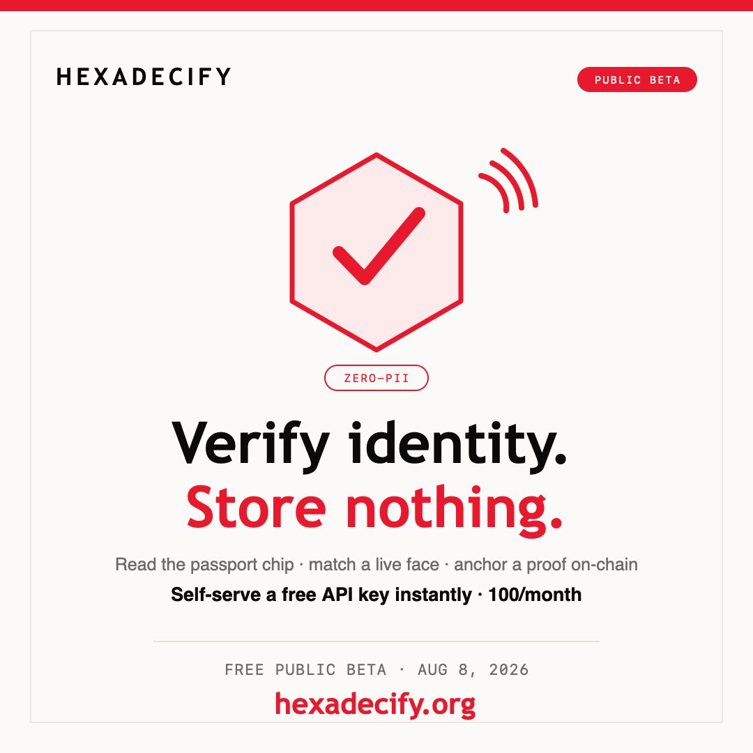 hexadecify's tweet photo. Our developer beta opens 8 Aug. Read a passport over NFC, match a live face,
and anchor a zero-PII proof on-chain — try the whole flow yourself, free, on testnet.
Countdown + sign-up → https://t.co/vZyoIxBm0O https://t.co/cyLhVtZLXu