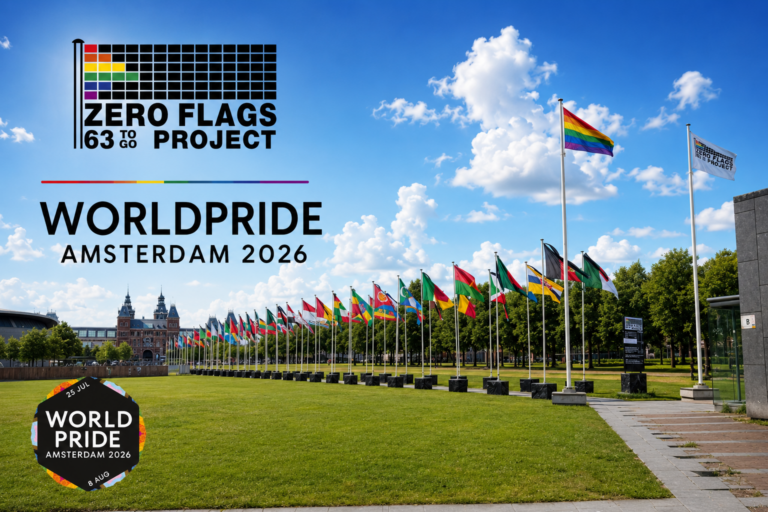 QueerLawWatchCN's tweet photo. 荷兰“零旗帜计划”将反同刑法带入公共空间🇳🇱🏳️‍🌈

2026年7月7日至8月9日，荷兰公共艺术装置“零旗帜计划”（Zero Flags Project）正在阿姆斯特丹博物馆广场随世界骄傲节展出。同时，其为格拉斯哥2026年英联邦运动会制作的特别版本“Zero Flags Commonwealth”，于7月22日至8月2日在苏格兰格拉斯哥 Merchant City 的 Candleriggs 展出，作为 Pride House Glasgow 2026 的一部分，免费向公众开放。

荷兰非营利组织零旗帜计划基金会（Zero Flags Project Foundation）把一面面国旗置于城市广场、街道与 Pride 活动现场。它们并非庆典装饰，而是该组织所称的“羞耻旗帜”：代表至今仍以法律惩罚同性亲密关系或性别多元的国家和地区。项目目前列出63面旗帜，目标是让这个数字归零。

展览最具辨识度的形式，是将国旗升上高杆、系上黑色哀悼缎带，并配合各地法律与惩罚信息。观众不是隔着展板阅读统计数字，而是在旗帜之间穿行，直面监禁、体罚乃至死刑仍可能施加于 LGBTQ+ 人群的现实。这件公共艺术作品因此被命名为“可见性纪念碑”（Monument of Visibility）。

2025年7月18日至8月4日，项目曾在阿姆斯特丹博物馆广场（Museumplein）展出。7月29日，圣卢西亚最高法院裁定将同性关系入罪的法律违宪，现场随即撤下圣卢西亚国旗，换上彩虹旗，并向参观者说明这一法律进展。展览的“倒数”由此不只是象征，而成为可被看见的即时变化。

零旗帜计划的核心不是把国旗或国家本身污名化，而是把国家仍在执行或保留的刑罚法律带入公共空间，并追问一件极其具体的事：当法律仍可因一个人的爱与身份而予以惩罚，“平等”究竟是否已经到来。该组织同时以“关注地区”（Area of Concern）标注一些未明文刑事化、却以反“宣传”、审查或集会限制压缩 LGBTQ+ 可见性与安全的地方。

参考来源：
https://t.co/snRNv0xGXM
https://t.co/Q6wOhoRHTj