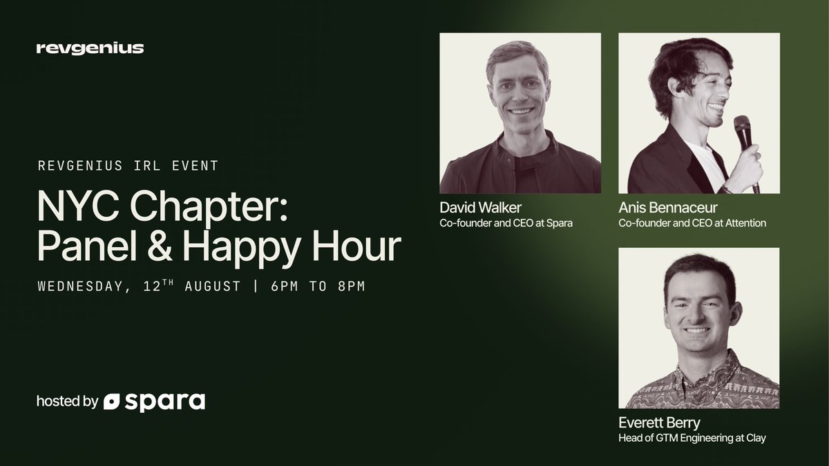 joinrevgenius's tweet photo. RevGenius IRL is taking over the bar at Spara HQ in NYC. 🍸

45 mins on AI pipeline &amp; GTM hype with:

• Everett Berry • Anis Bennaceur  • David Walker 

Then drinks, skyline views, and RevOps networking.

📅 Wed, Aug 12 | 6–8 PM 
📍 Spara HQ, NYC

https://t.co/mv9JO7B5WY https://t.co/lupLgJfx3s